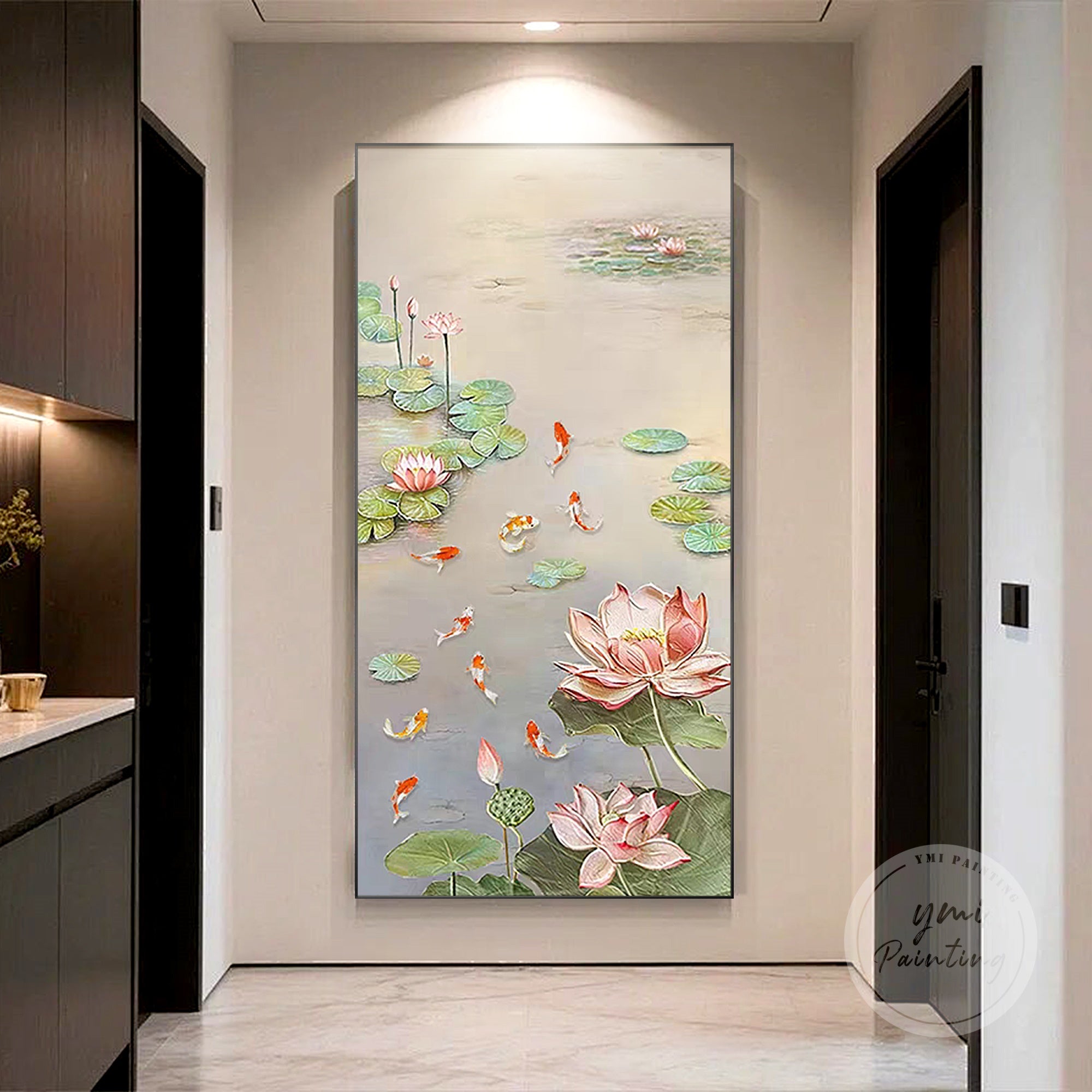Luxurious Lotus and 9 Koi Fish Oil Painting, featuring vibrant koi and lotus flowers, symbolizing prosperity and spiritual growth in a serene Feng Shui design.