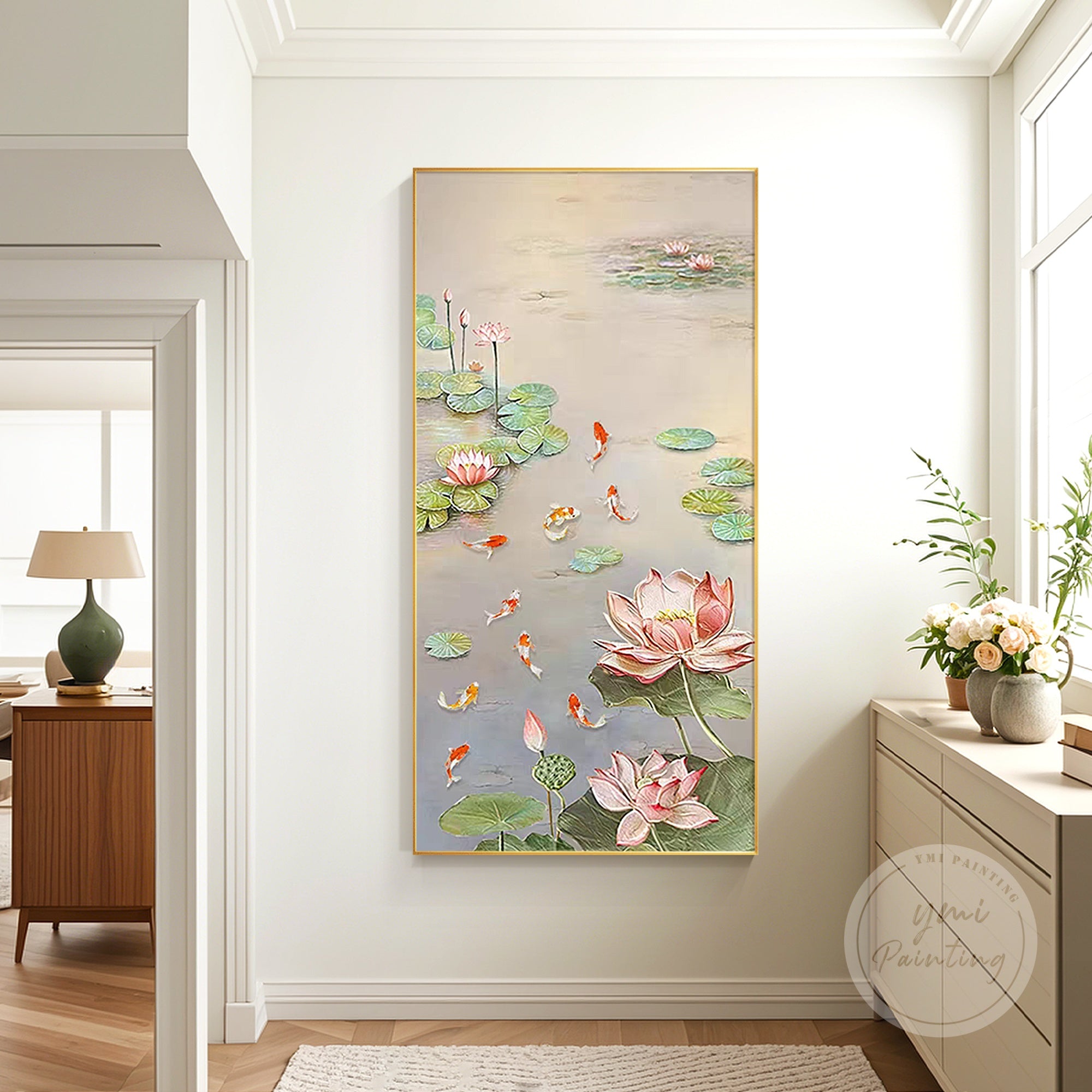 Large 9 Koi Fish and Lotus Oil Painting, with rich textures and bright colors, ideal for Feng Shui decor, bringing balance and positive energy to your home.