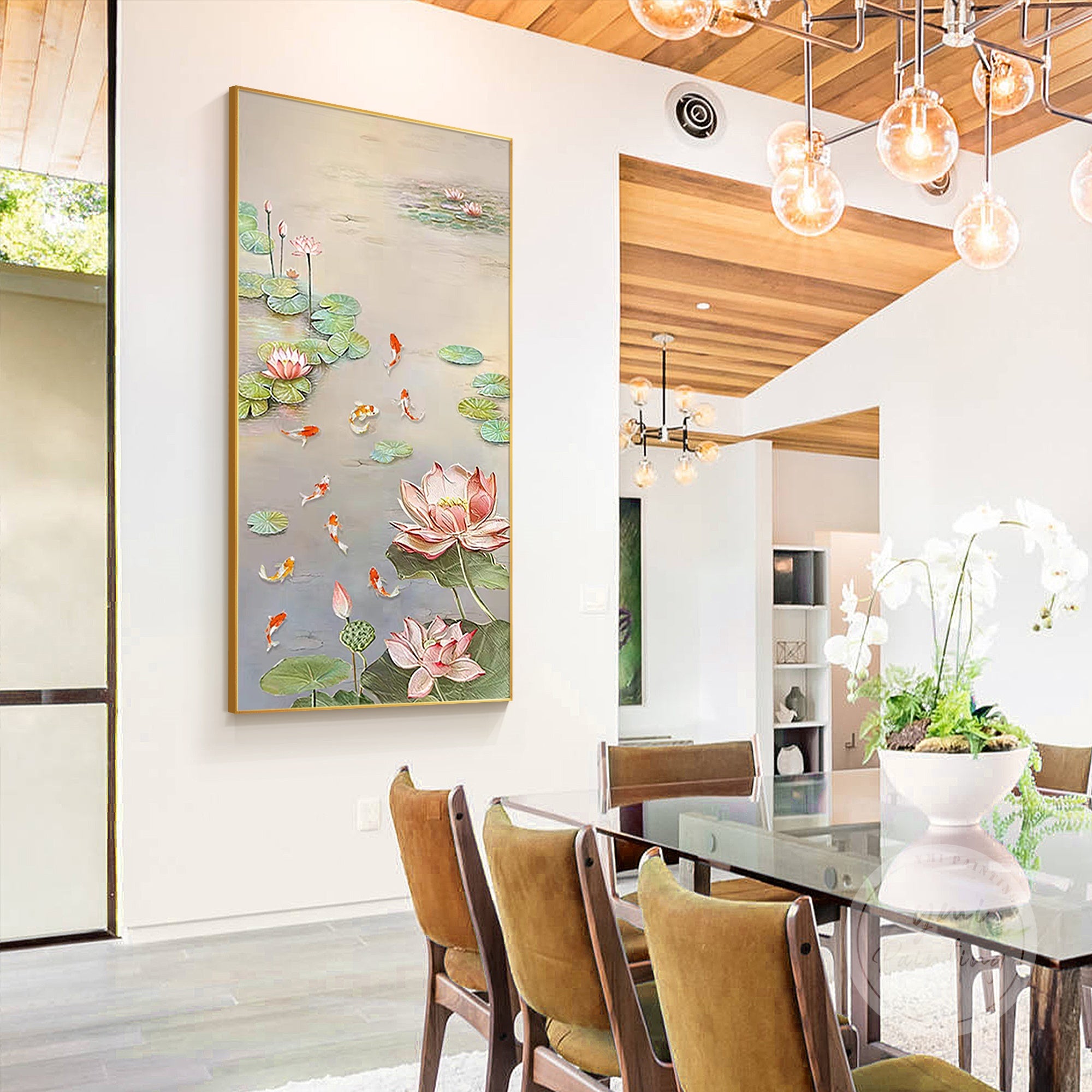 Exquisite Lotus and 9 Koi Fish Oil Painting, a luxurious piece that symbolizes abundance, strength, and harmony, perfect for any Feng Shui home or office setting.
