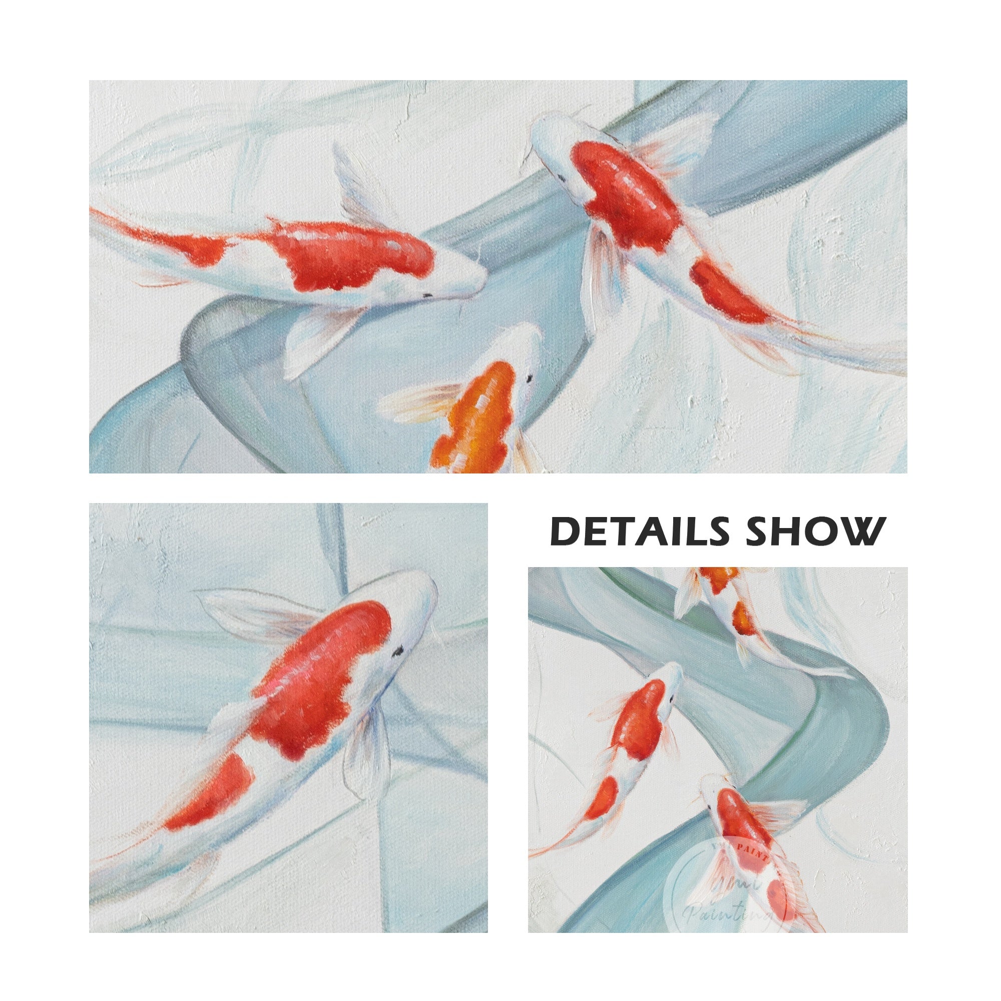 Close-up detail of orange koi fish and blue ribbon-like water flow with visible textured brushstrokes.