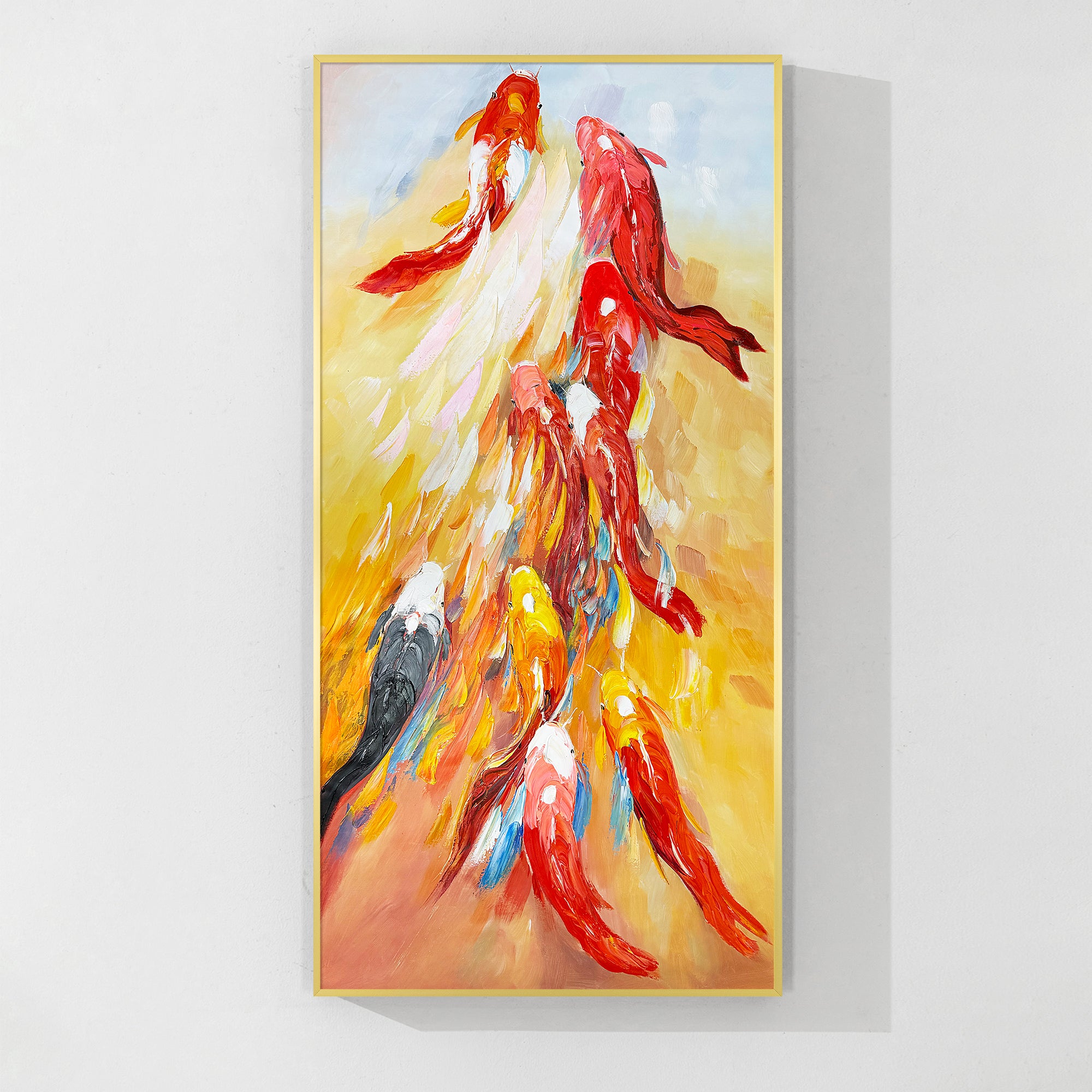 Colorful koi fish wall art displayed in a modern living room, meaningful gift for good luck and success