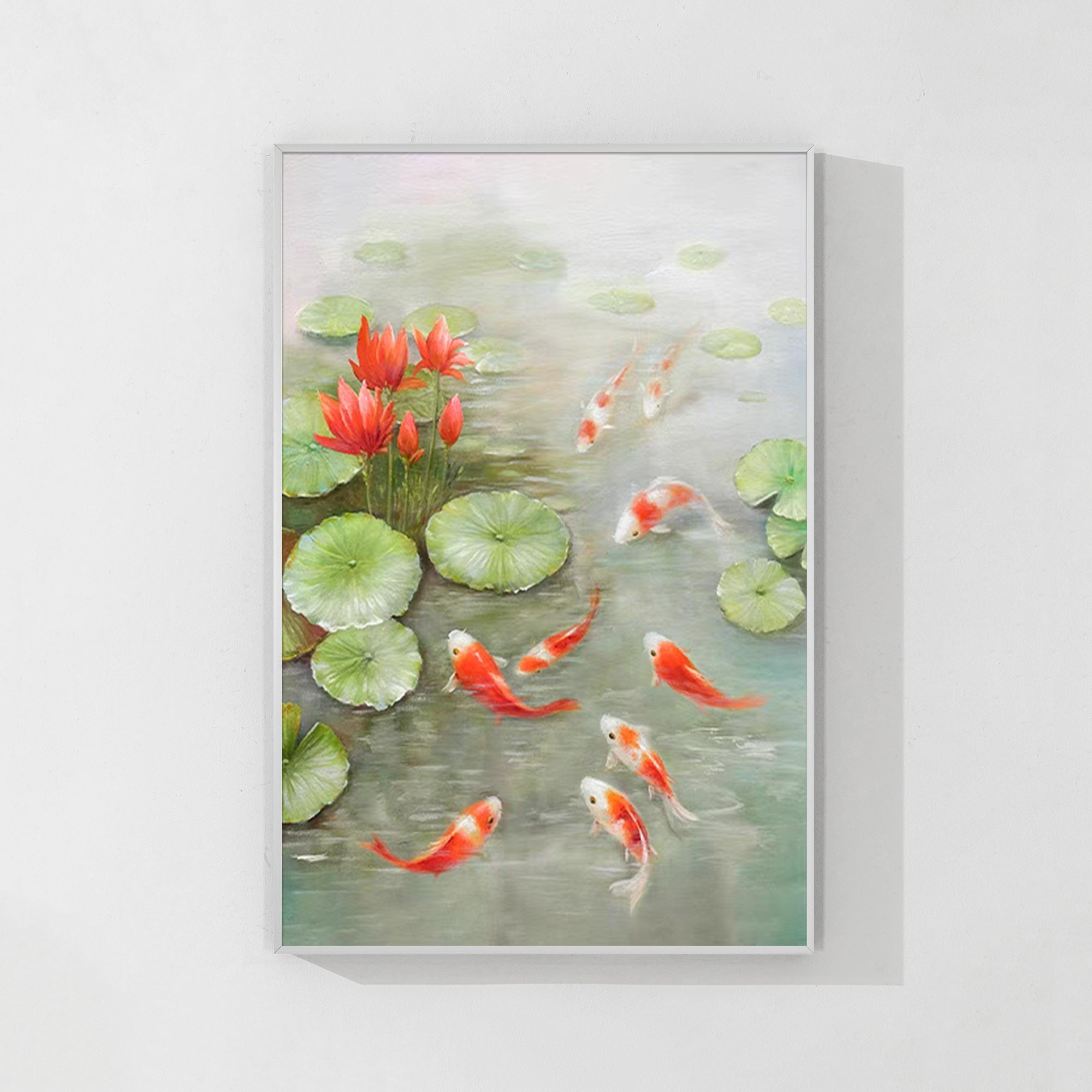 Hand-painted Zen Koi Fish Art with nine koi circling a central lotus, perfect for meditation and calming interiors.