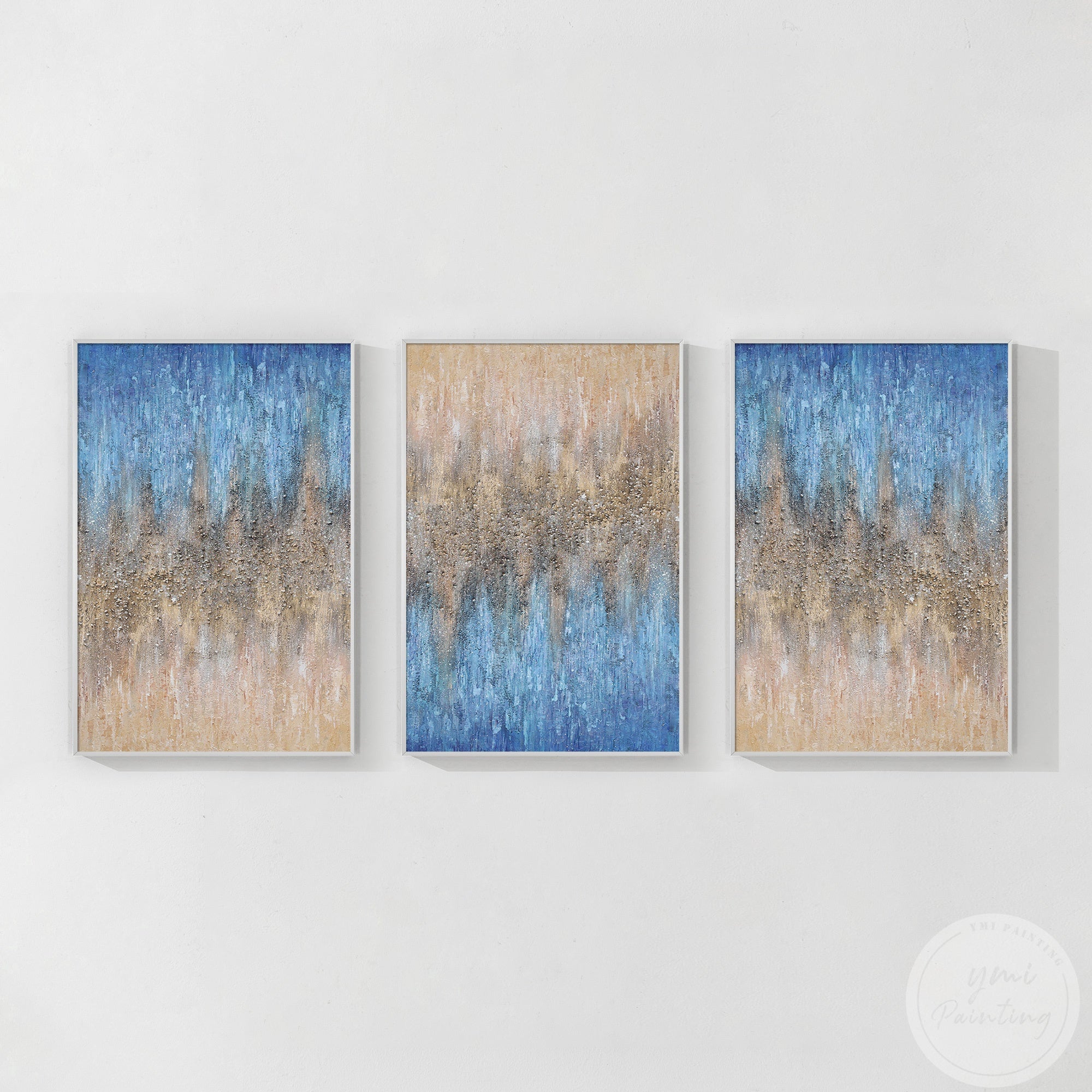 Modern abstract art set with shimmering gold, crystal stone accents, and a blend of beige and blue hues with a white frame.