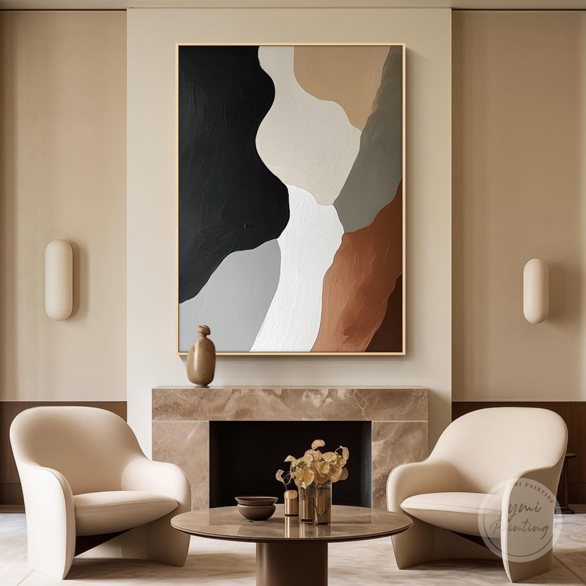 Hand-painted abstract art with beige and gray palette for elegant decor.
