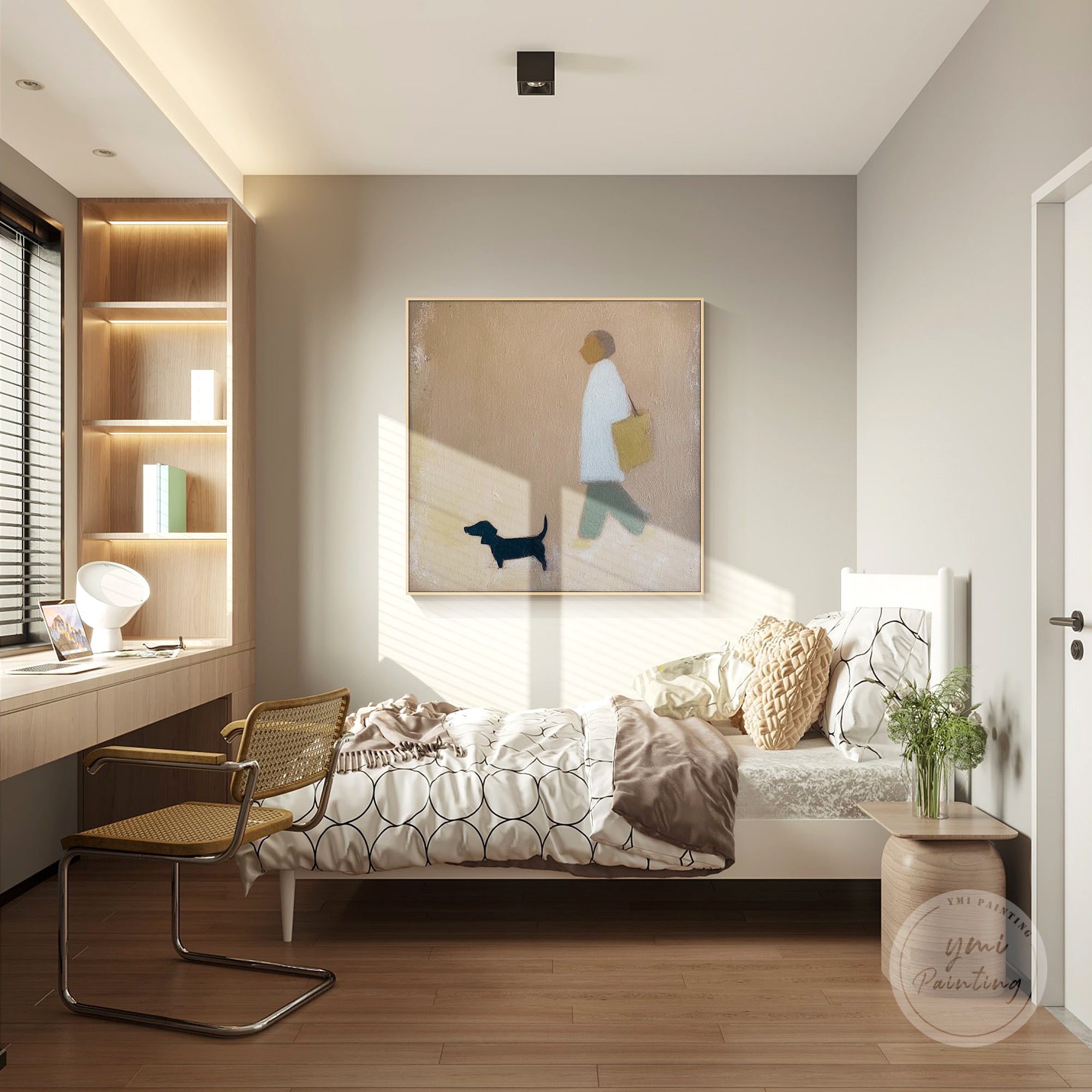 Wabi-Sabi style abstract puppy oil painting with textured brushstrokes in brown hues.