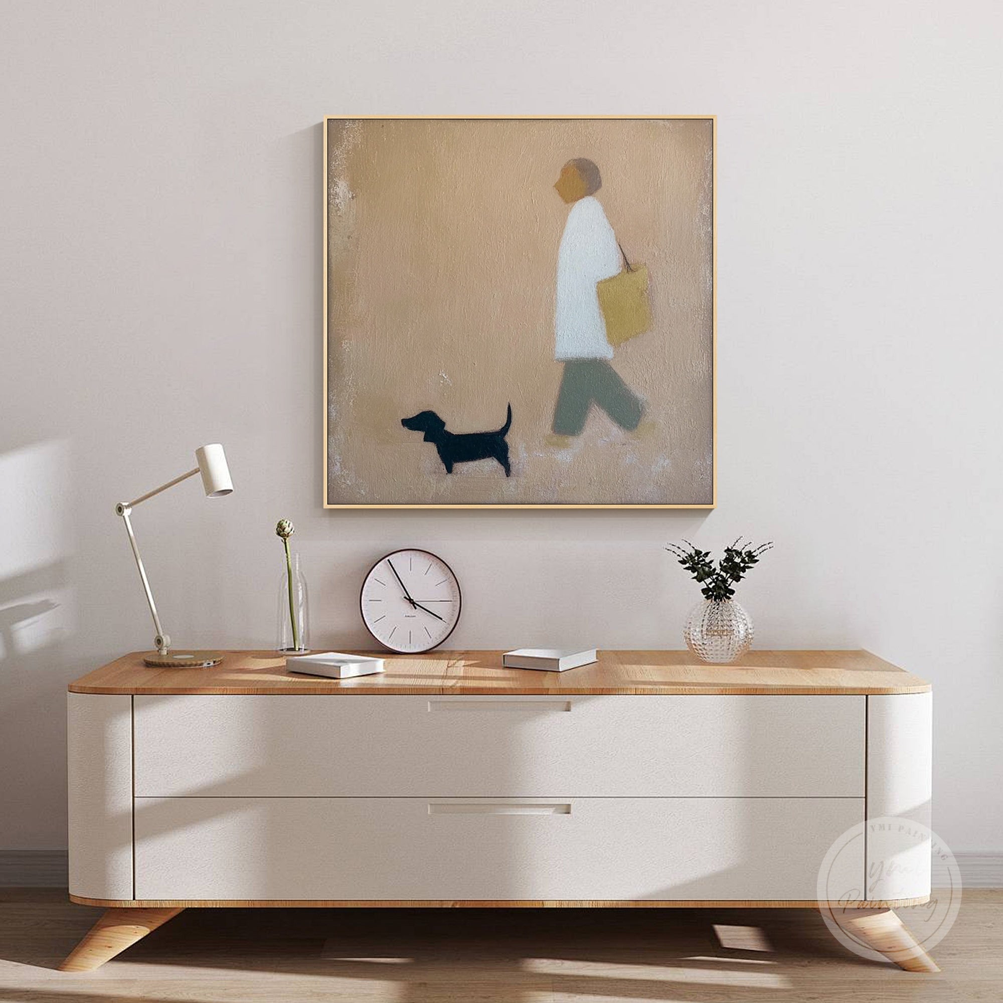 Textured minimalist puppy art in soft brown, perfect for modern living room decor.