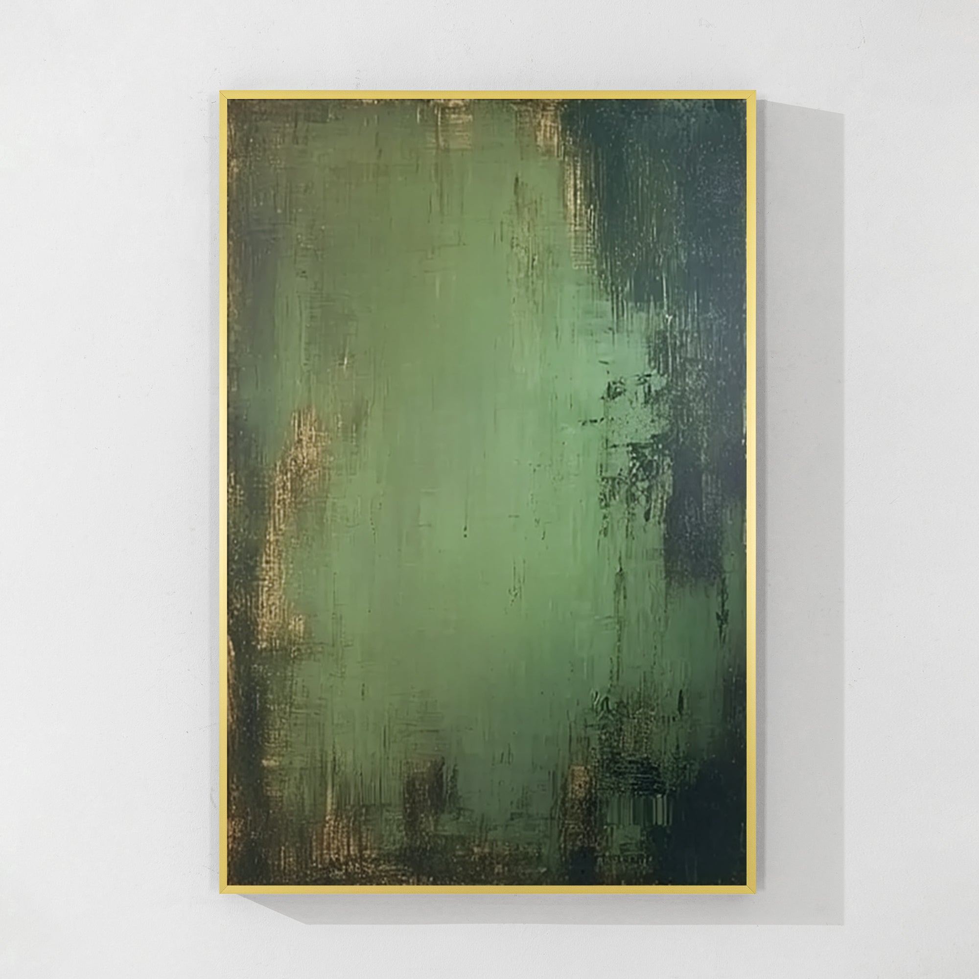 Black, green, and gold abstract canvas painting