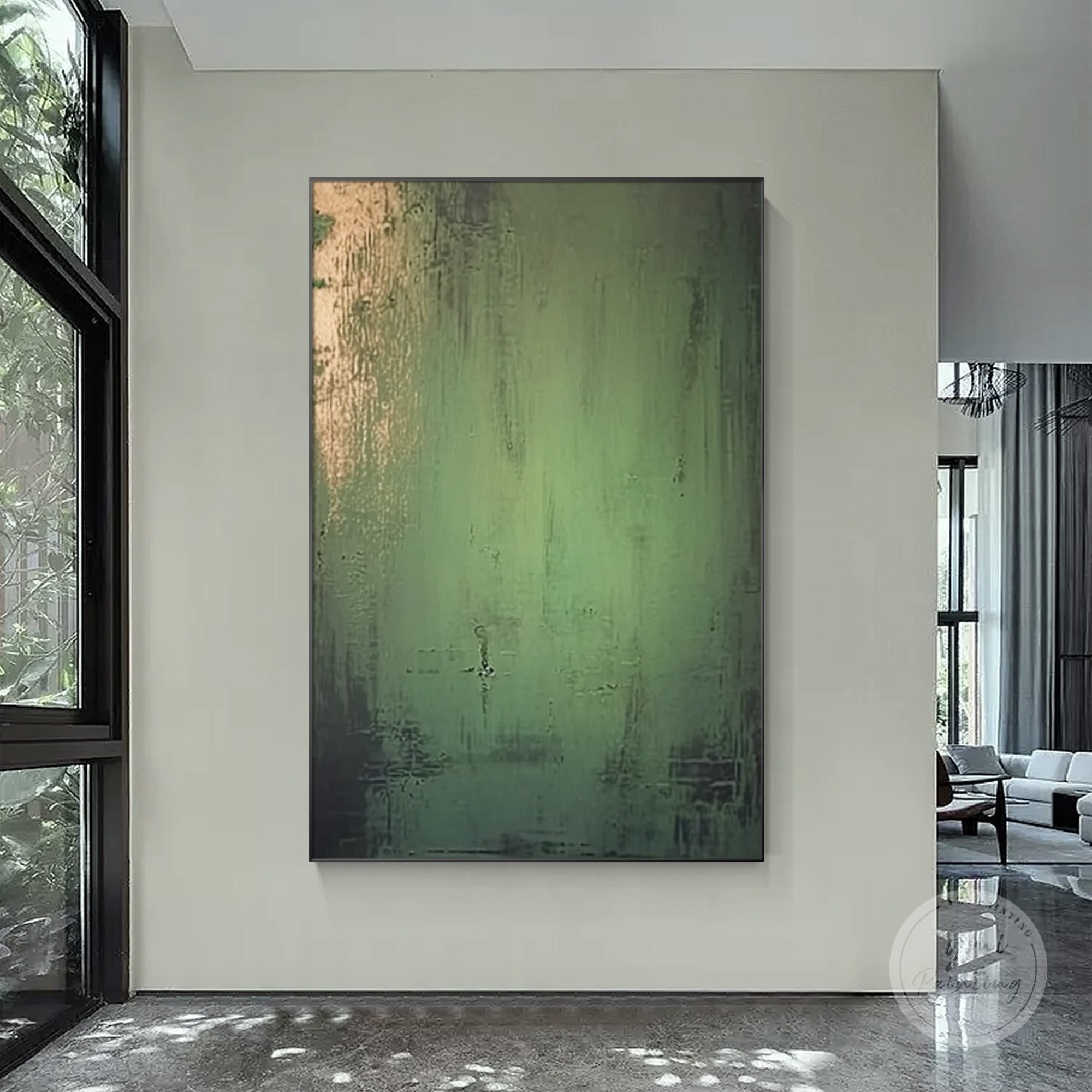 Emerald green and gold canvas painting with luxurious tones