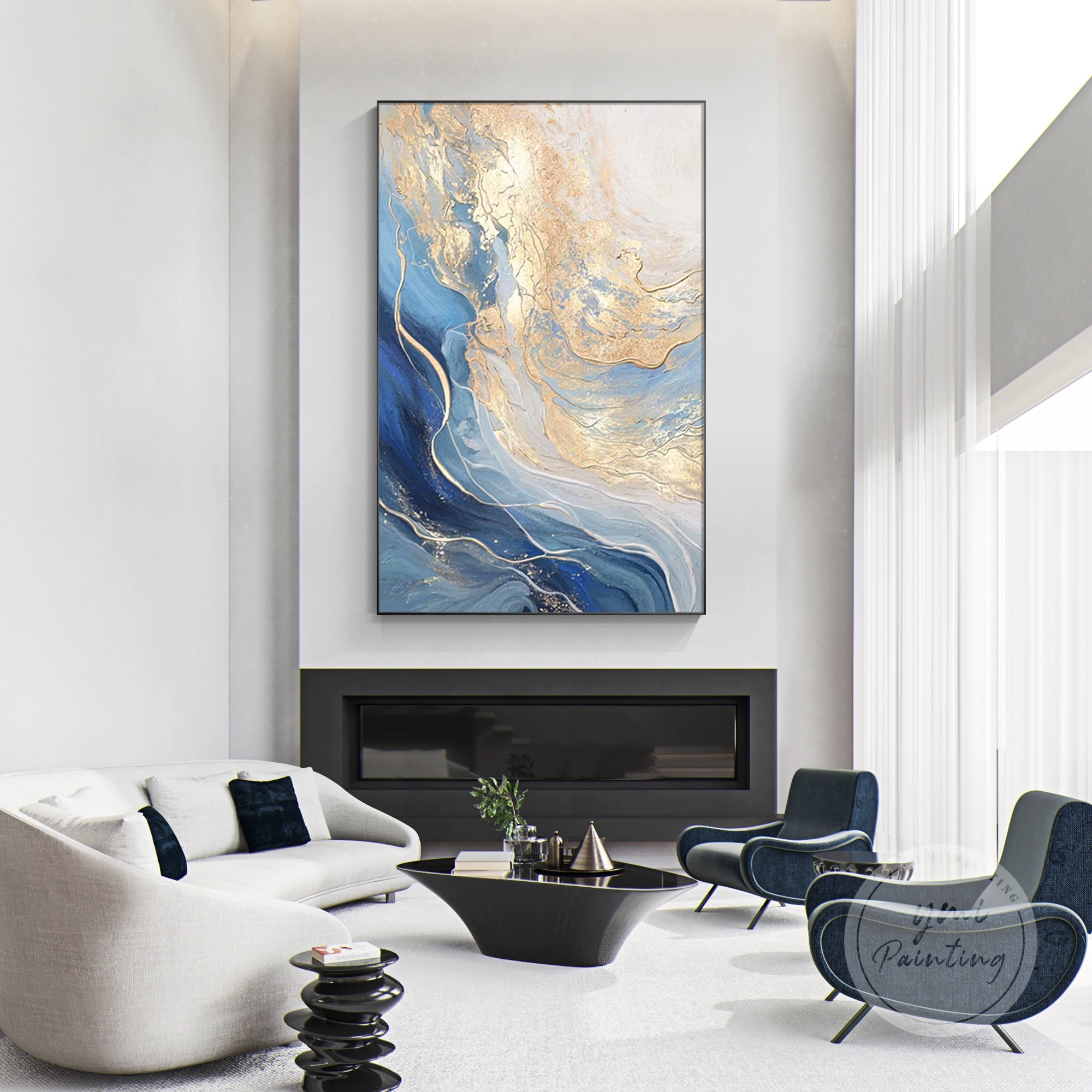 Navy and gold abstract wall art with luxurious texture, ideal for modern interiors