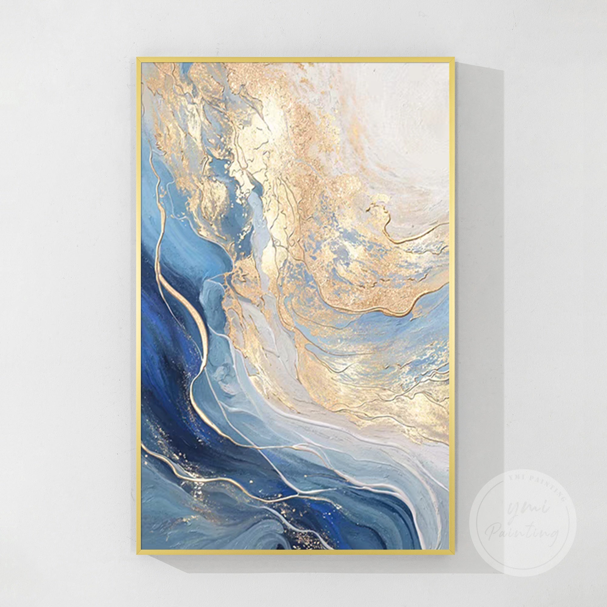 Large navy gold framed canvas for living room or office decor