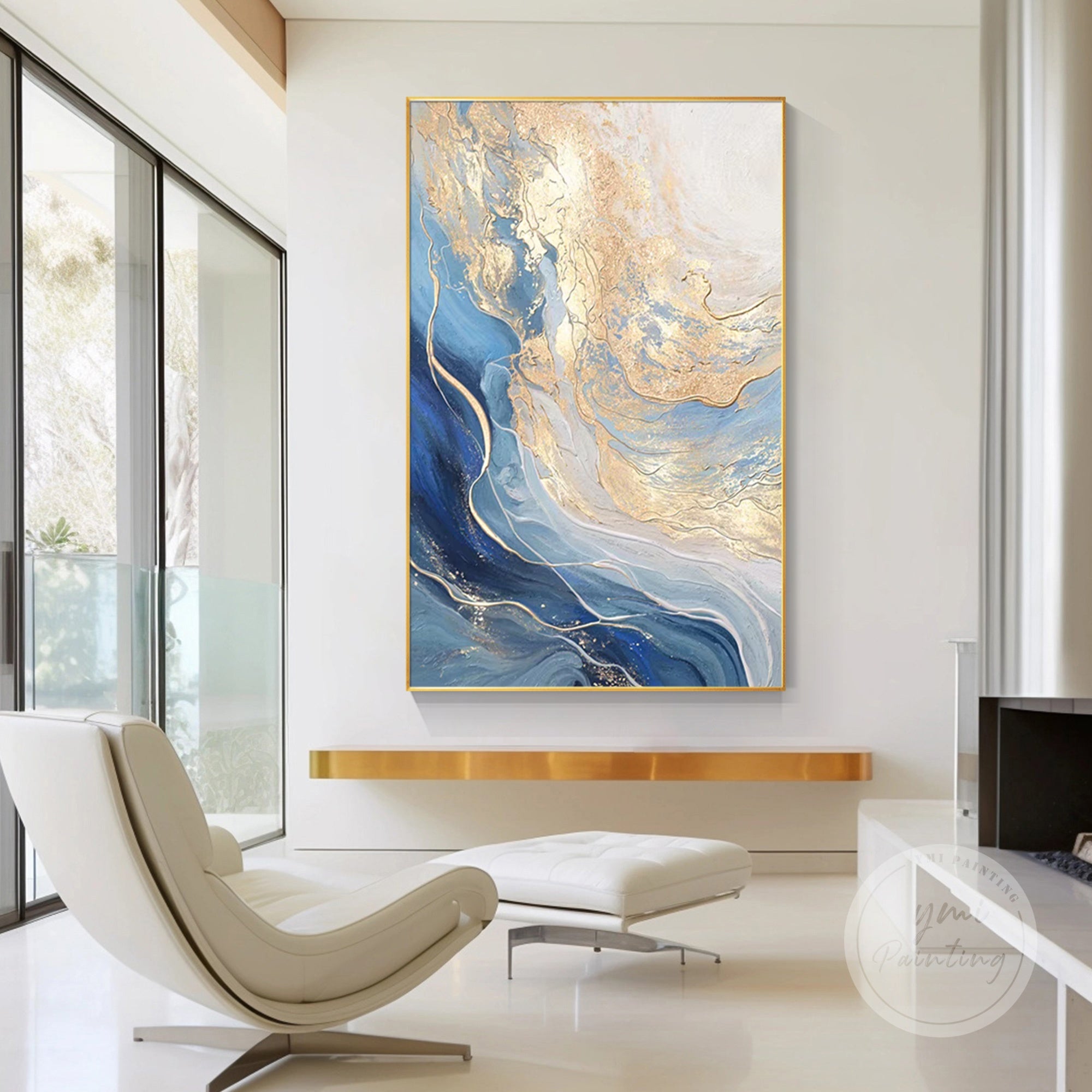 Contemporary abstract painting with navy blue and metallic gold accents