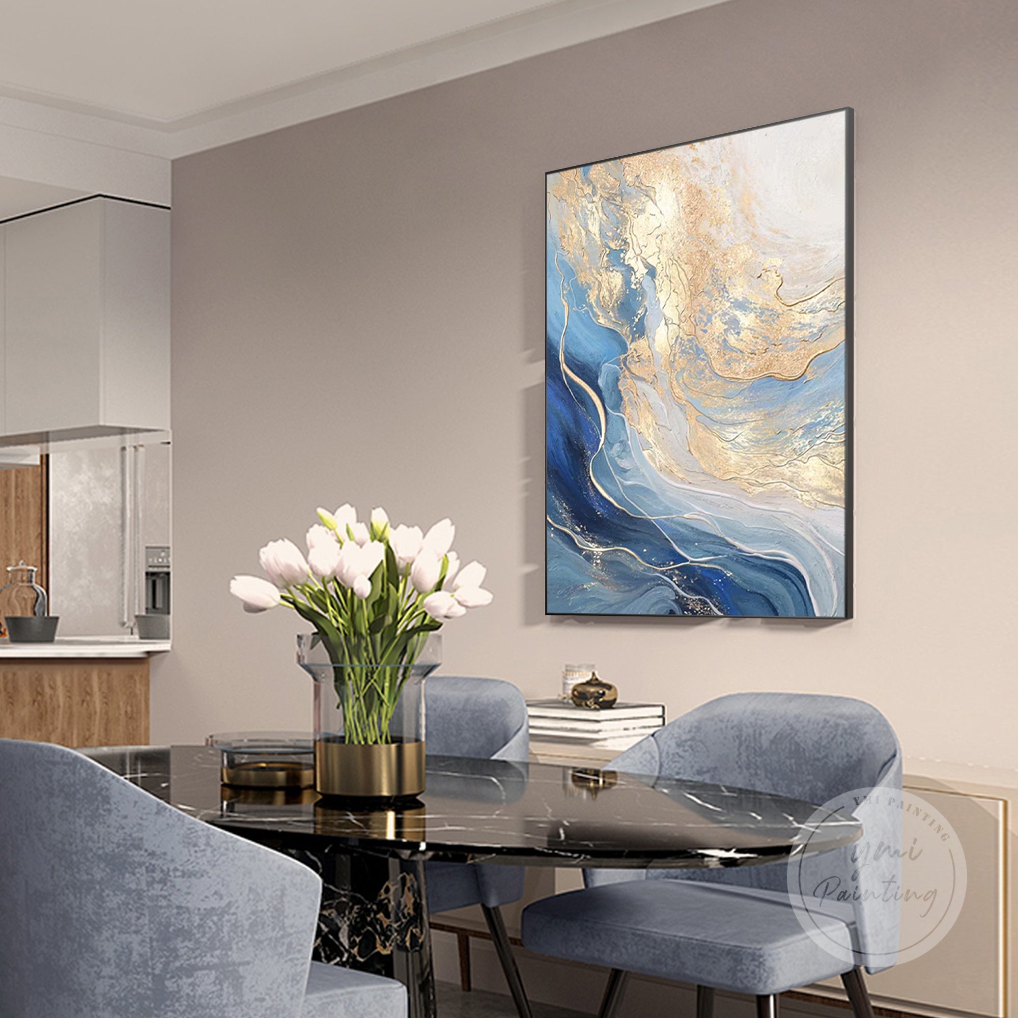 Modern extra-large wall art in blue and gold