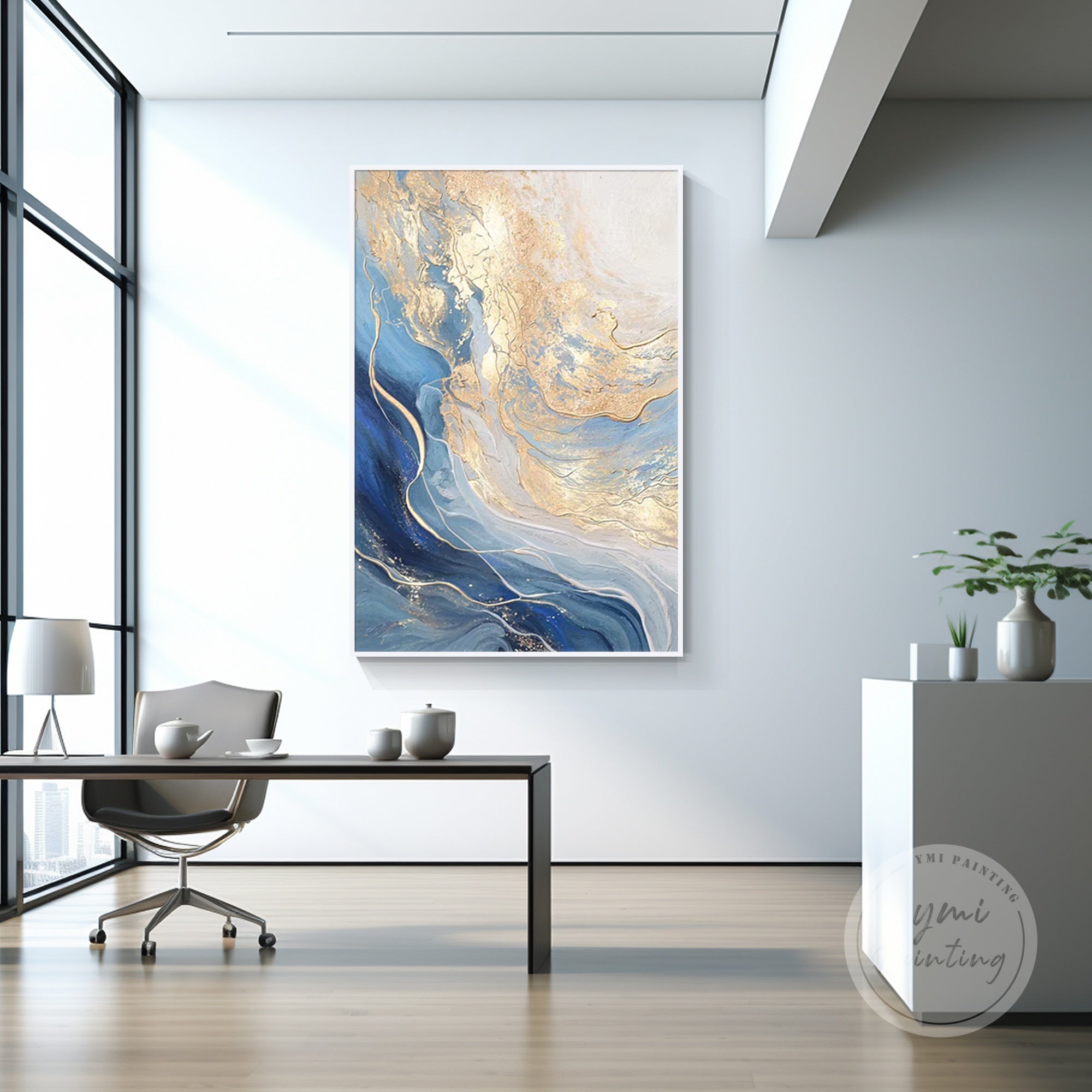 Abstract canvas art with gold foil texture and navy tones