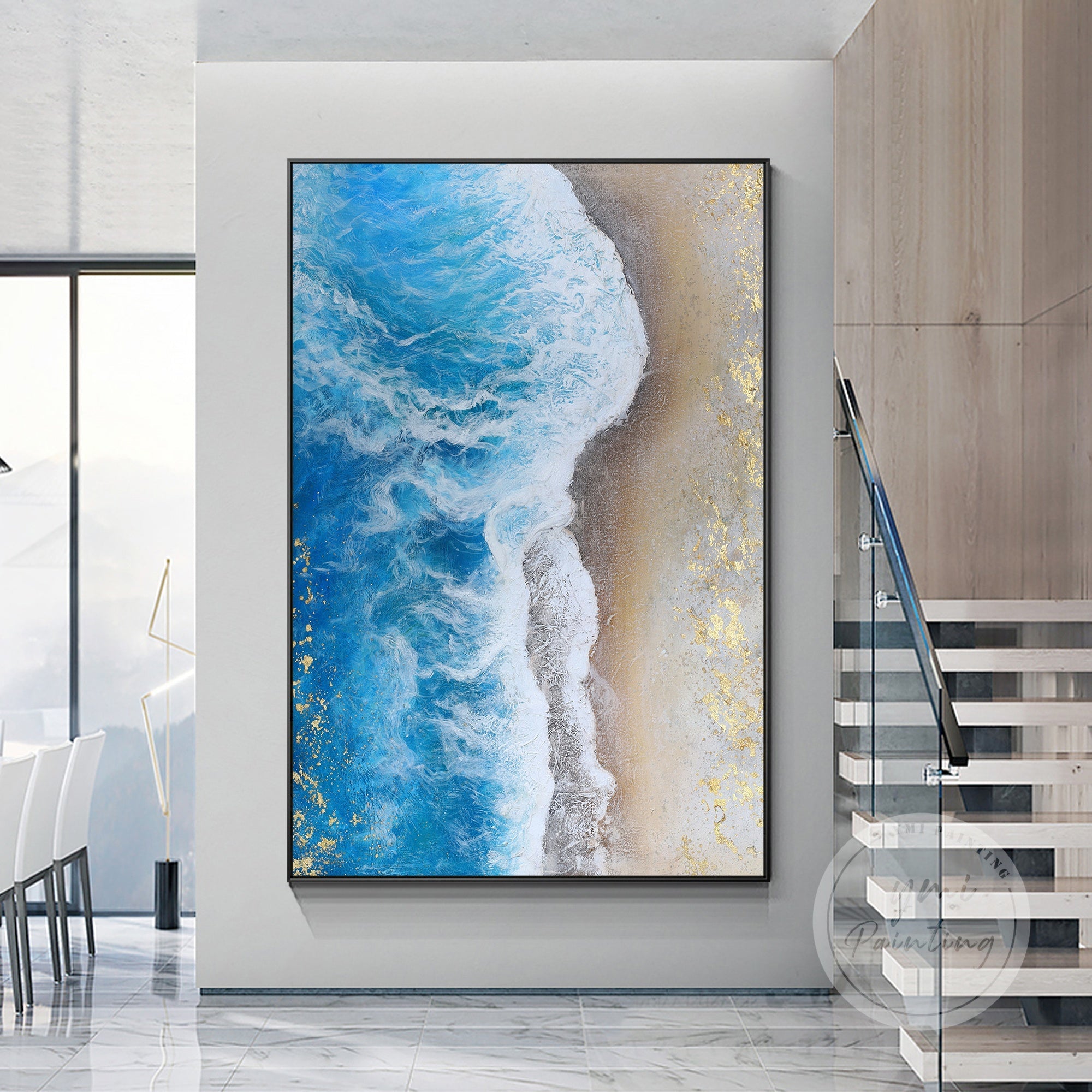 Abstract beach art with golden sand and ocean waves