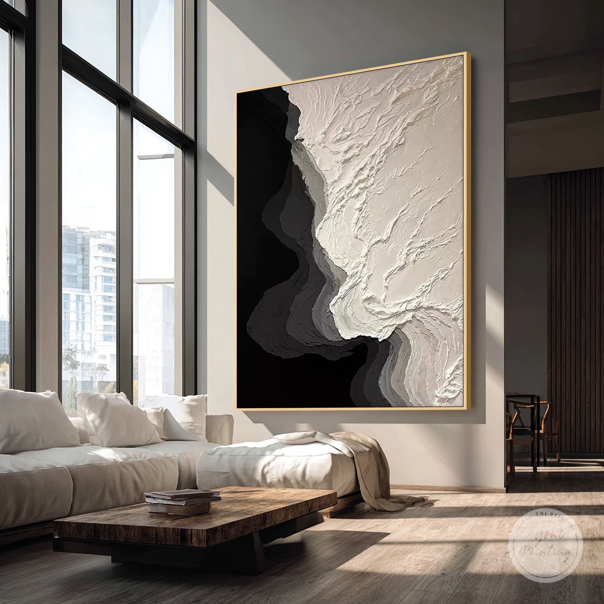 Neutral abstract painting with bold black contrast