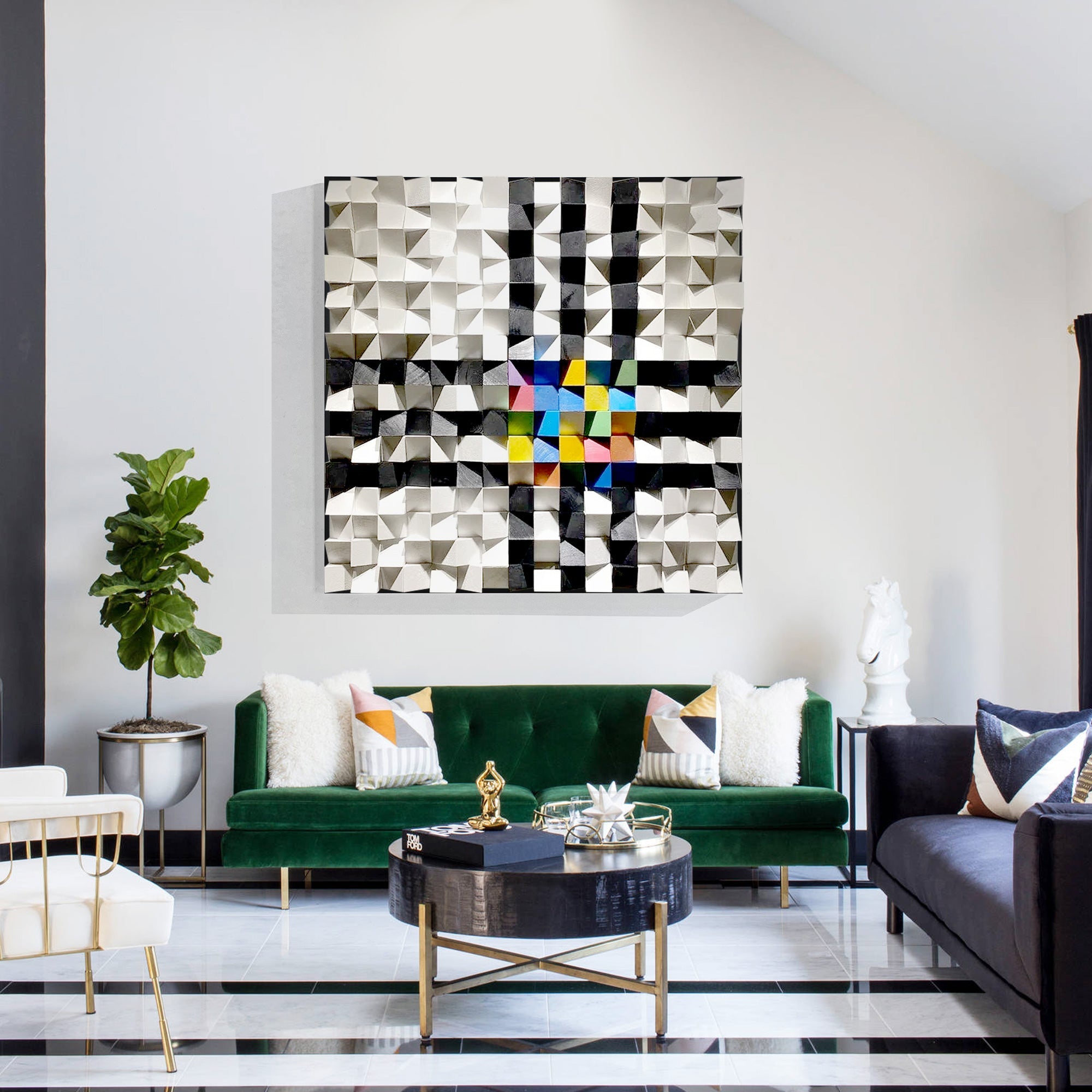 Abstract wood artwork with alternating layers of black and white checkered design and vivid triangles in blue, green, and yellow in a modern living room.