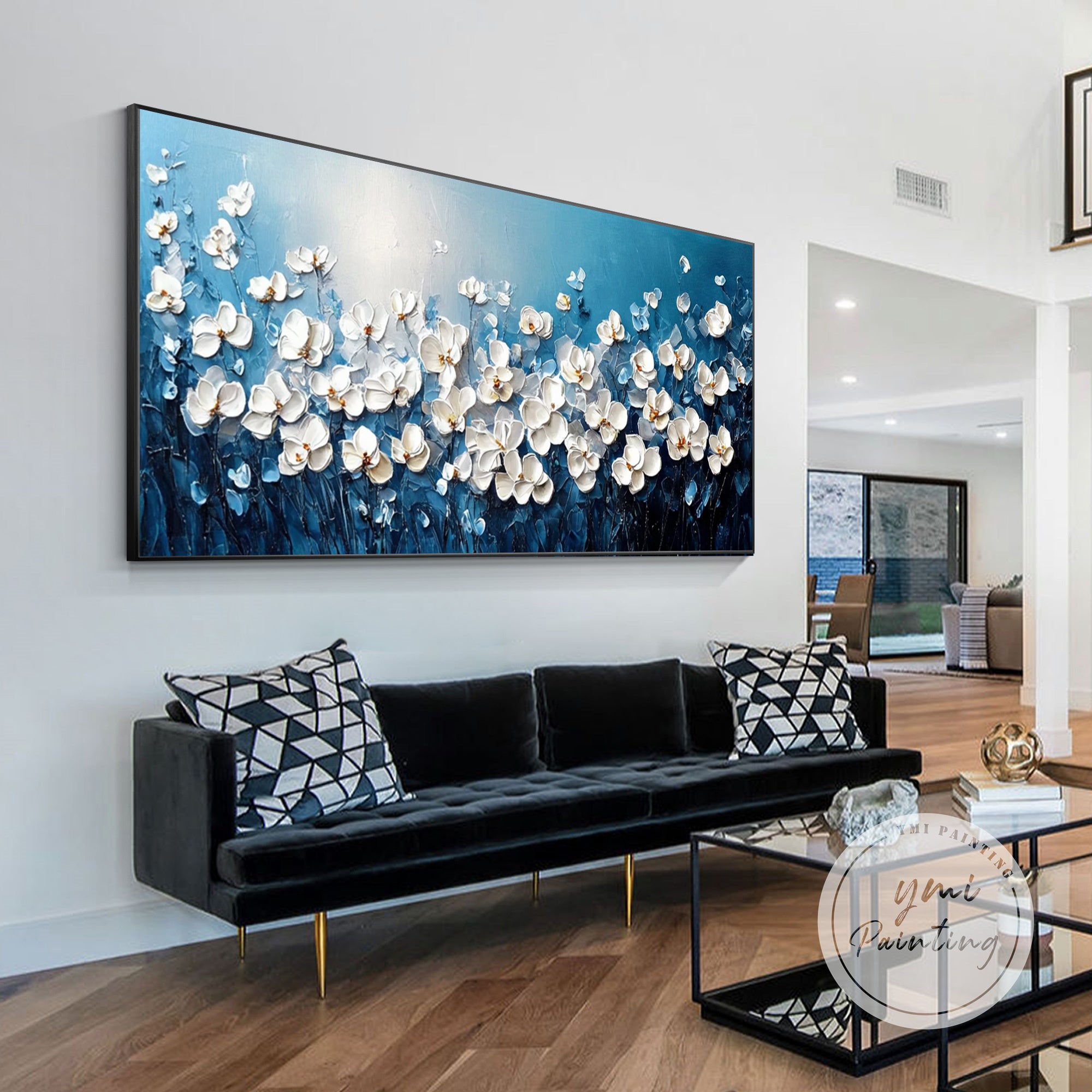 Layered blue and white floral painting artwork