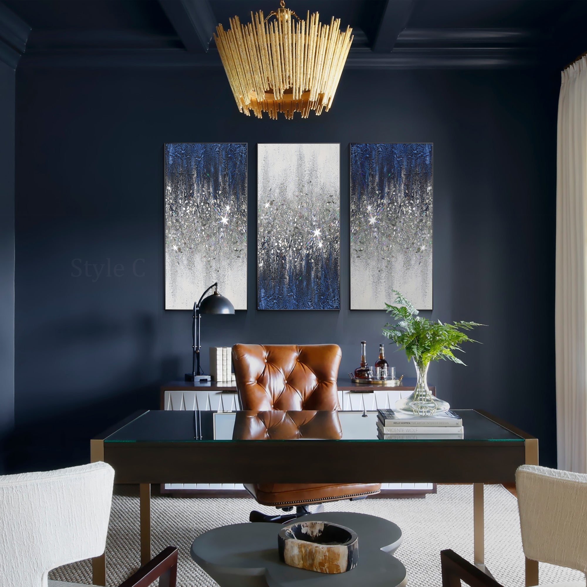 Abstract triptych wall art featuring blue and silver crushed glass