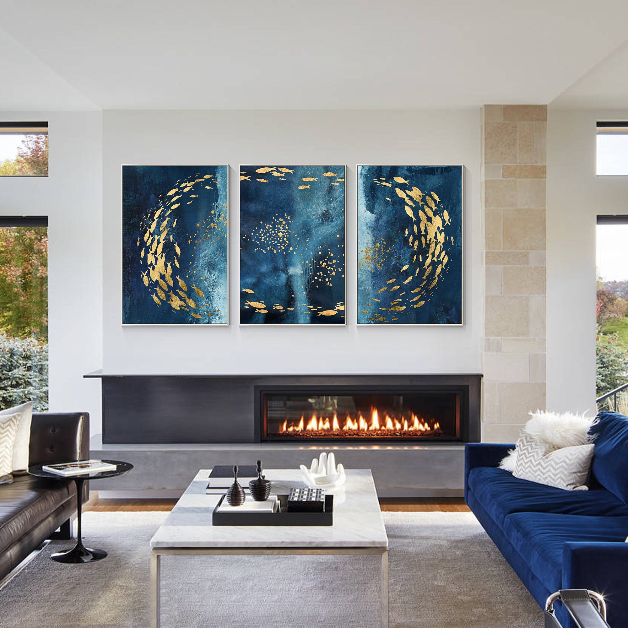 Abstract Blue Gold Fish Canvas Set of 3 Above Sofa