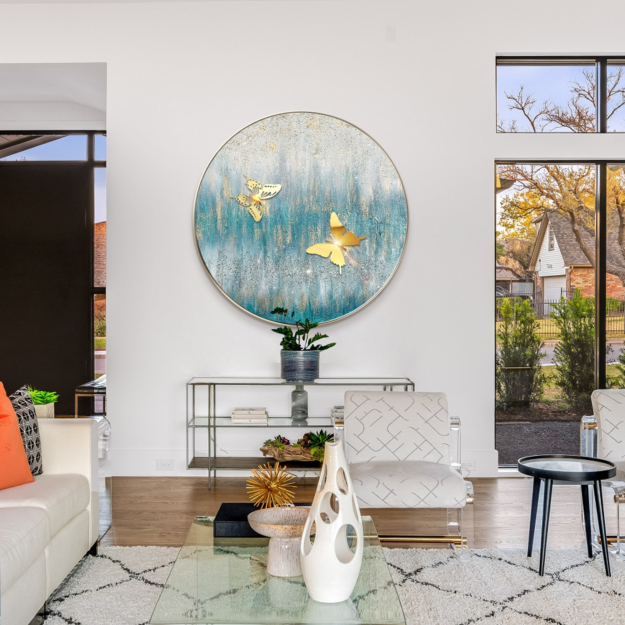 Abstract glitter wall art in blue green tones with gray gradient