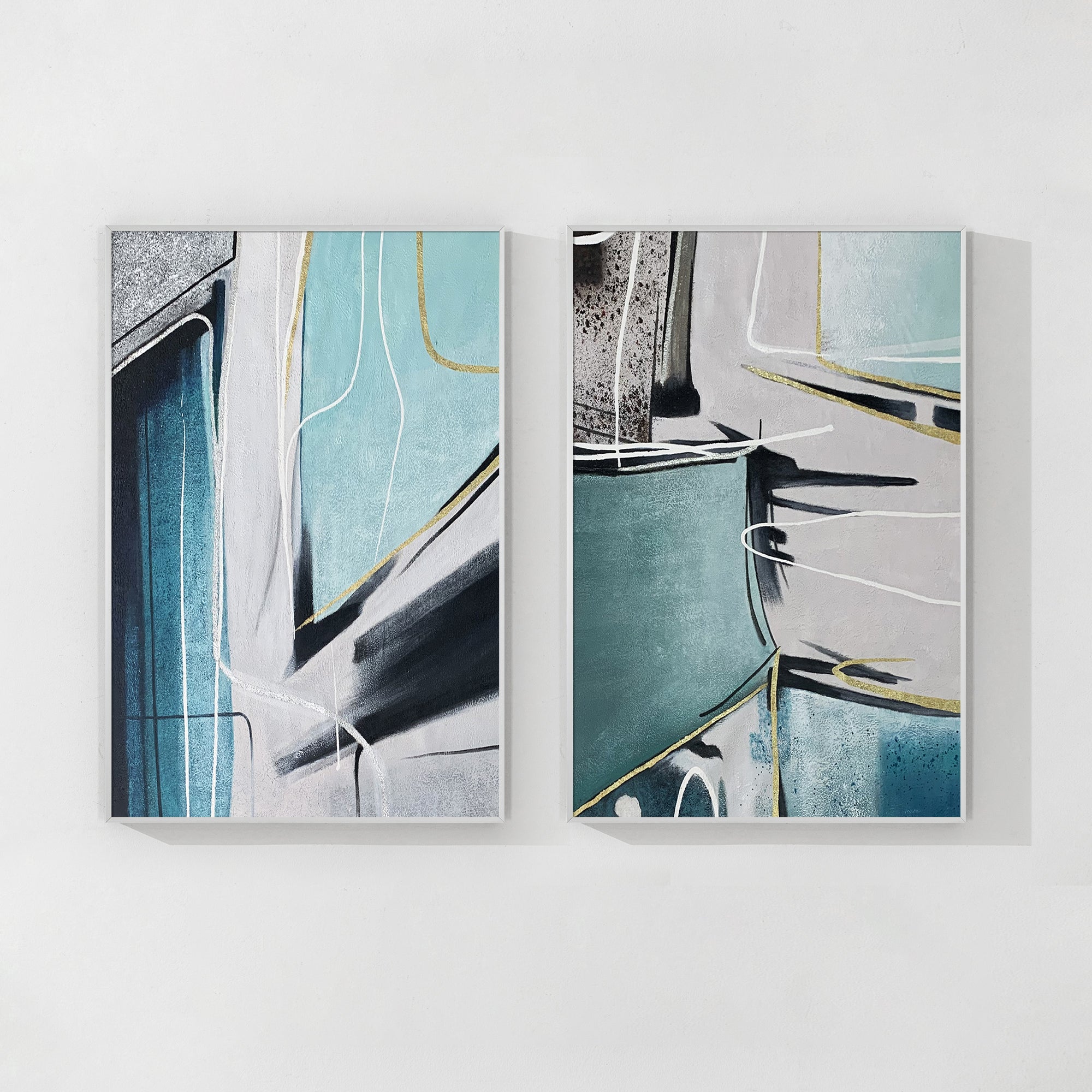 Set of two abstract paintings with blue green tones, black lines, and subtle gold accents.