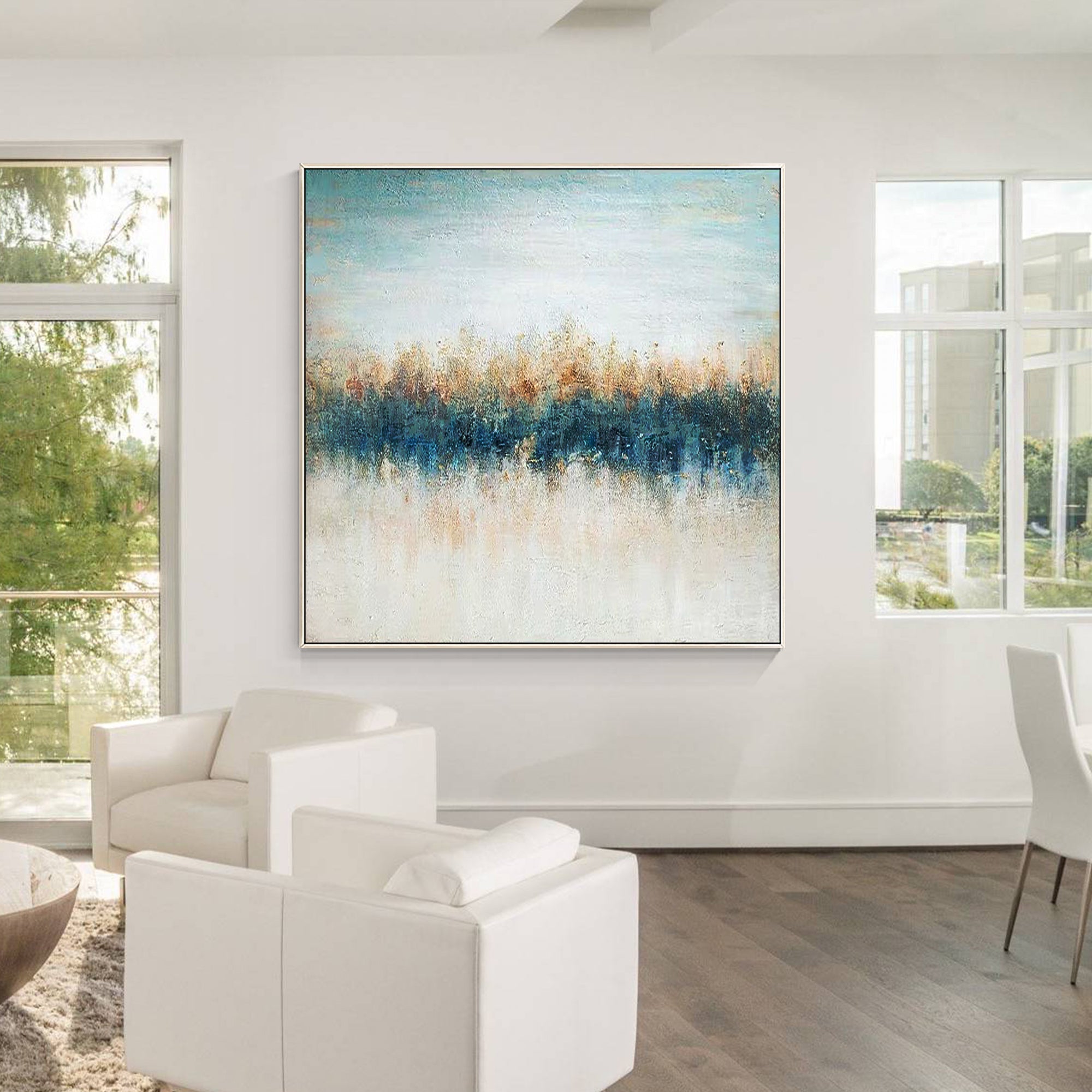 Abstract blue pastel wall art displayed in a modern living room
