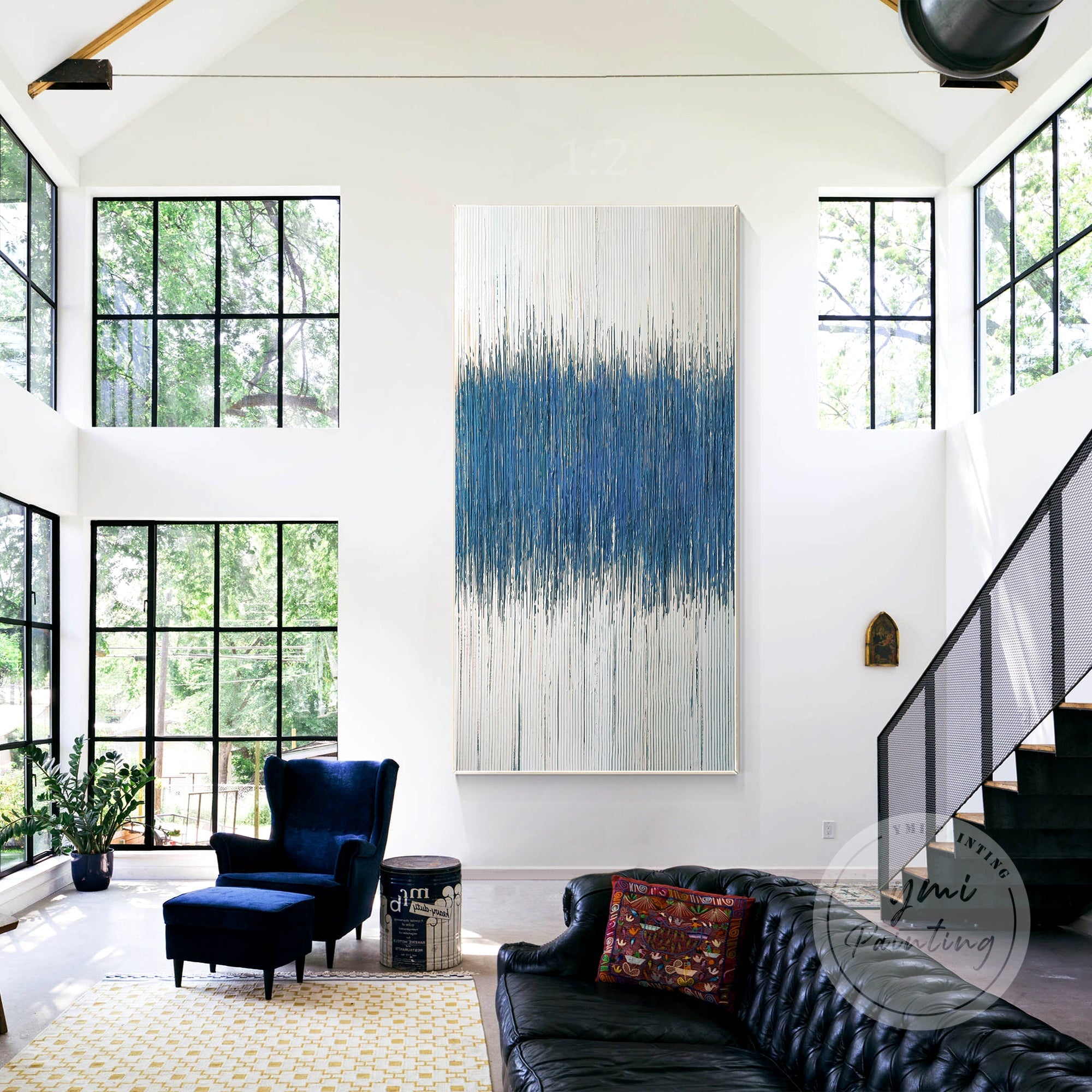 Abstract blue sound wave art on white canvas