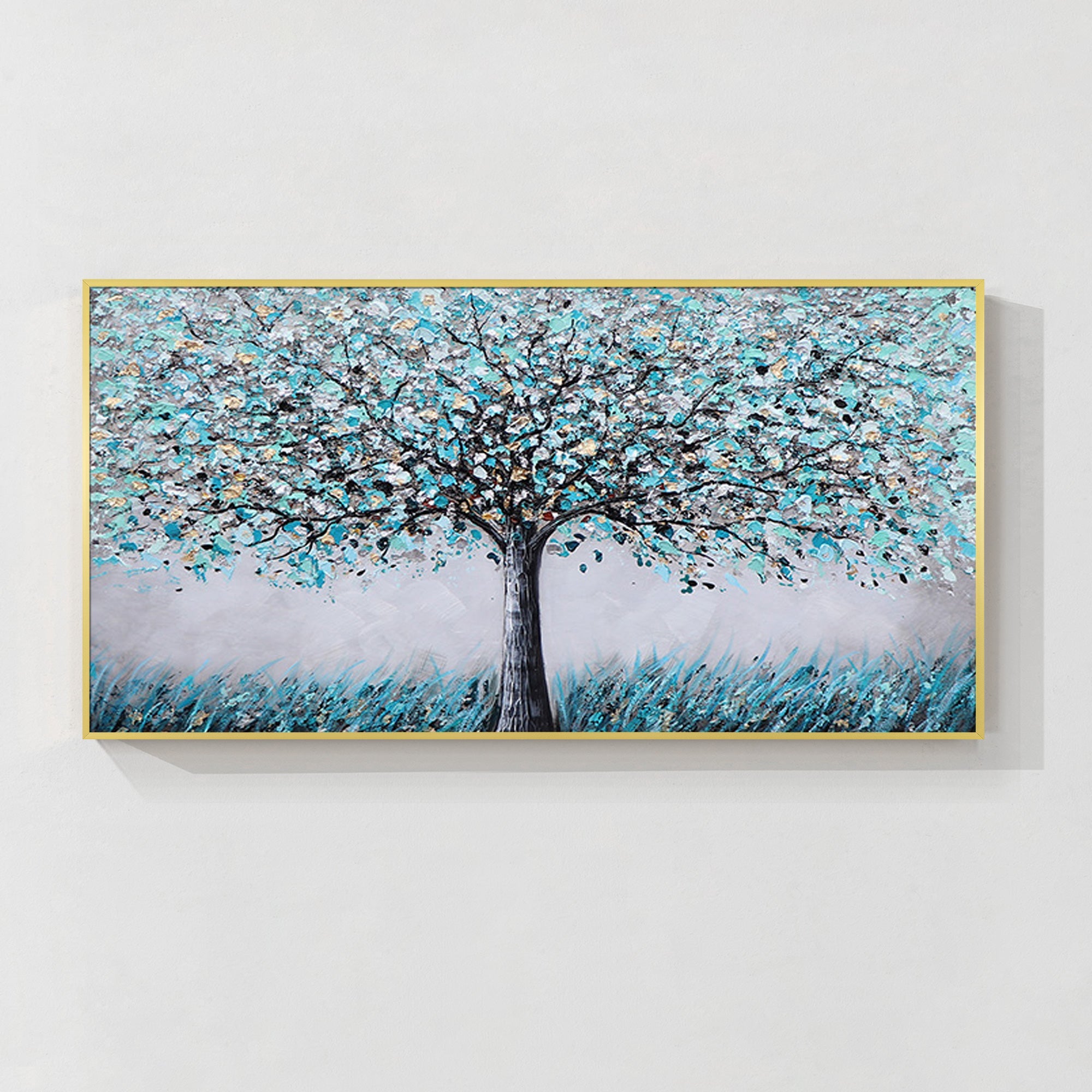 Abstract Blue and Gold Blooming Tree Wall Art on Canvas 2