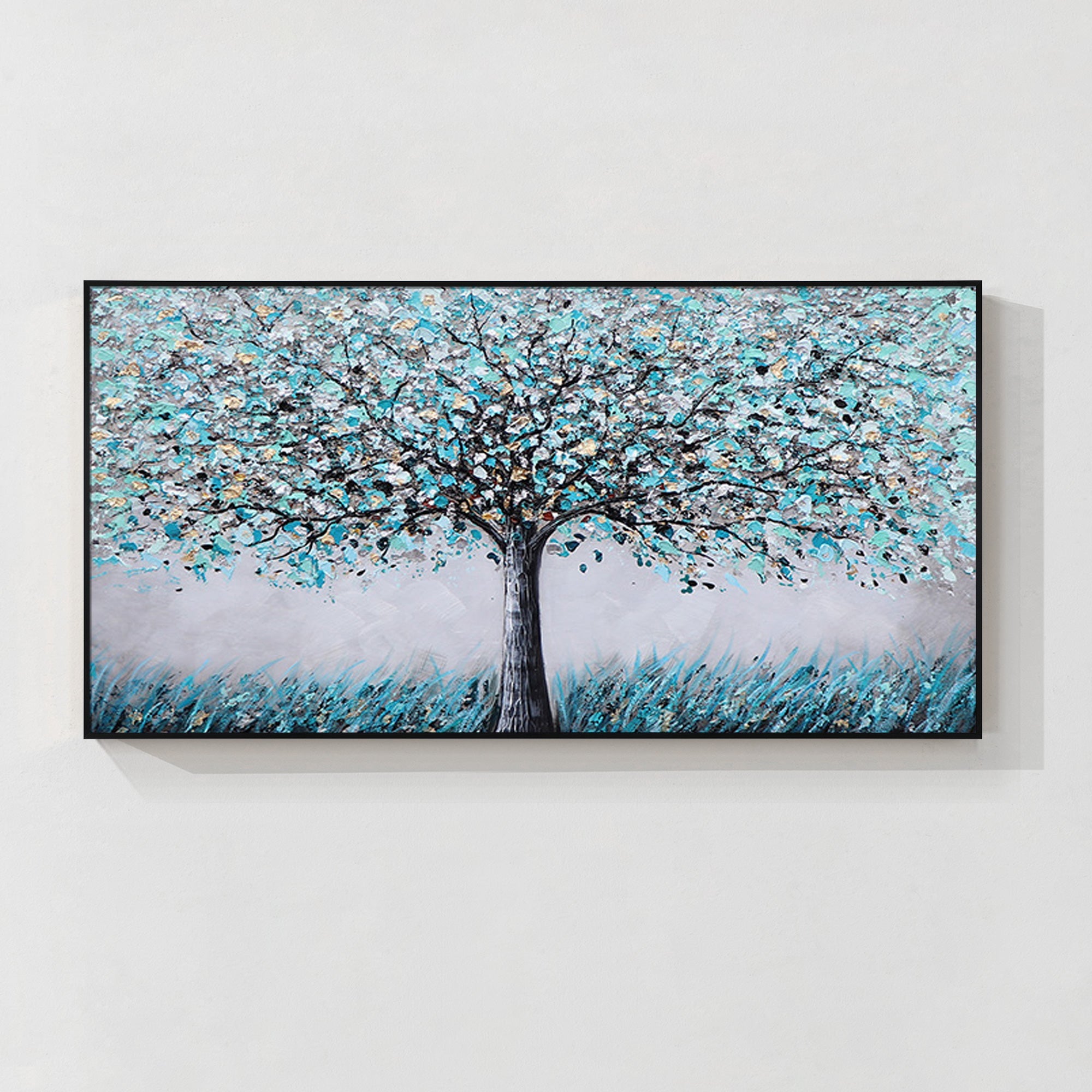 Abstract Blue and Gold Blooming Tree Wall Art on Canvas 4