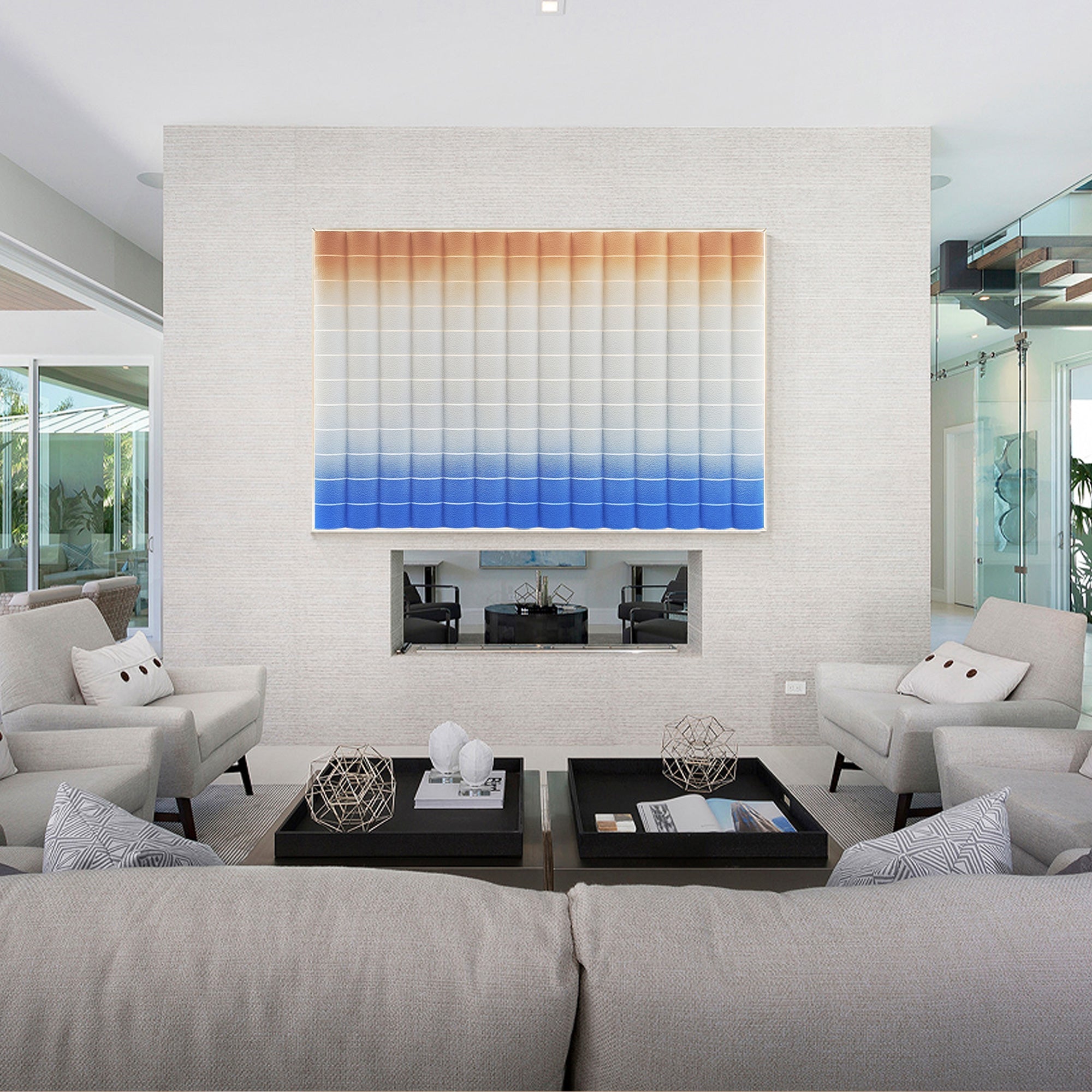 Abstract wood painting with orange top white center and blue bottom