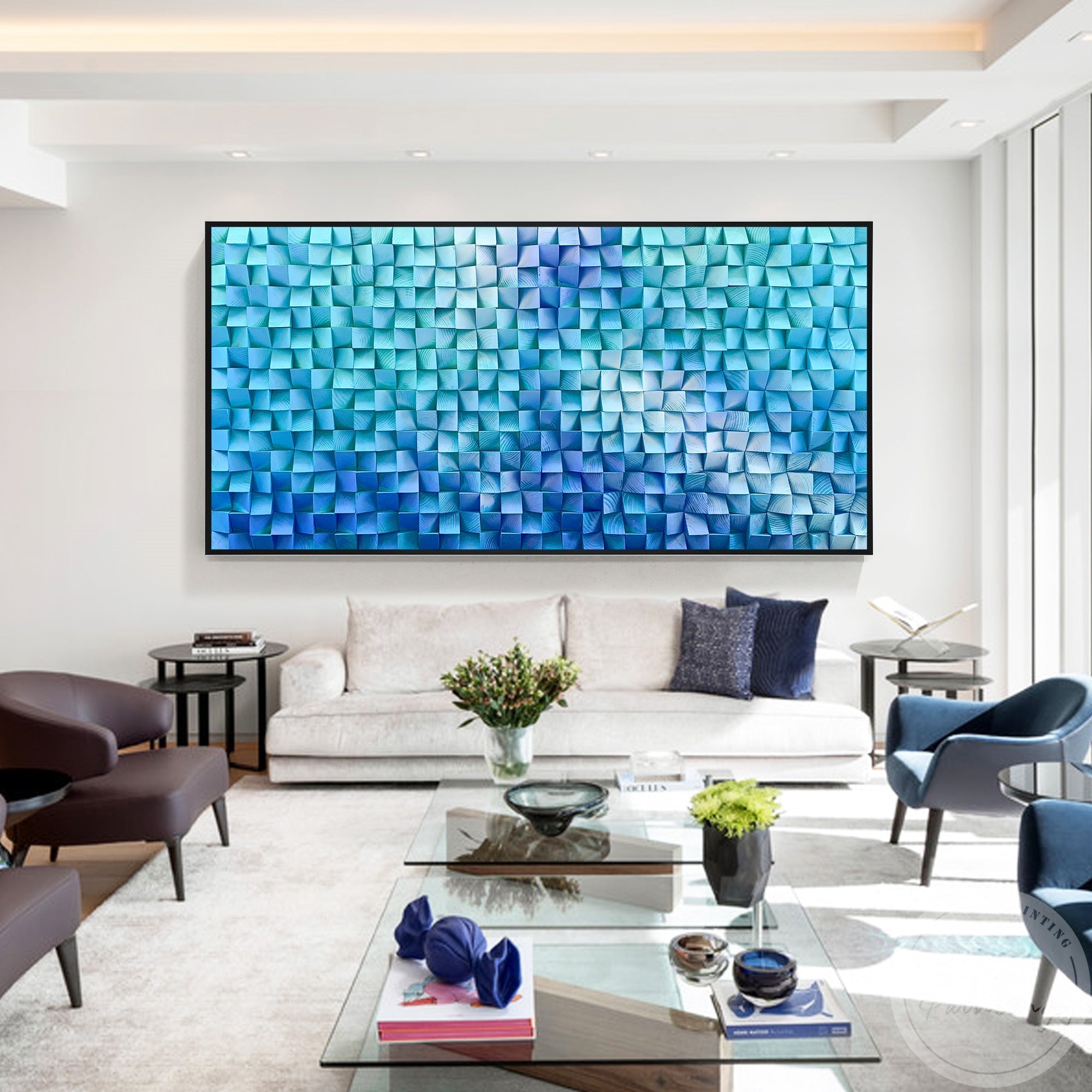This horizontal wooden hanging painting features a stunning blue and teal, transitioning from cool to warm tones. The geometric pattern and subtle 3D effects bring depth and calmness to contemporary spaces.