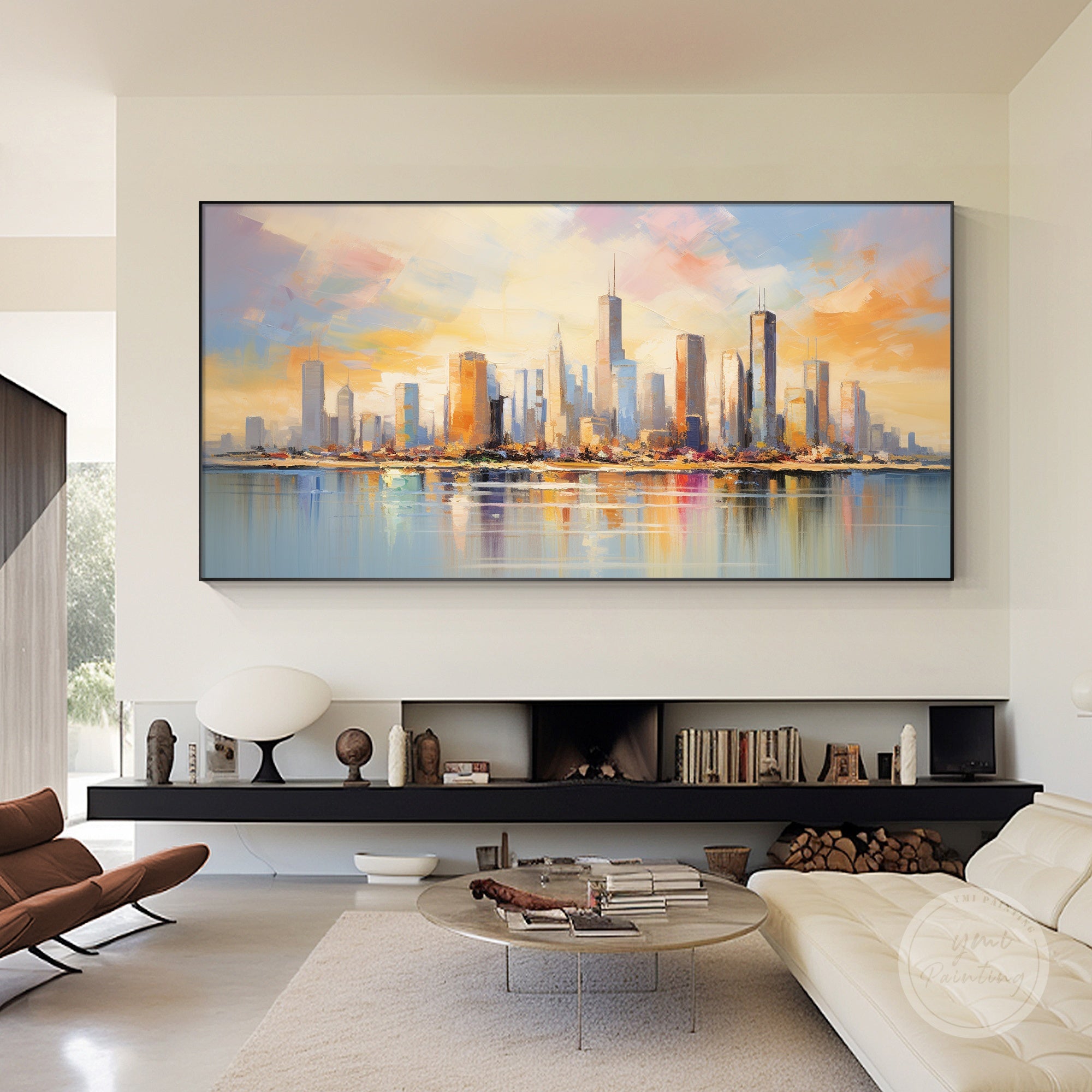Dramatic reflections on water in impasto cityscape, office wall decor for professionals