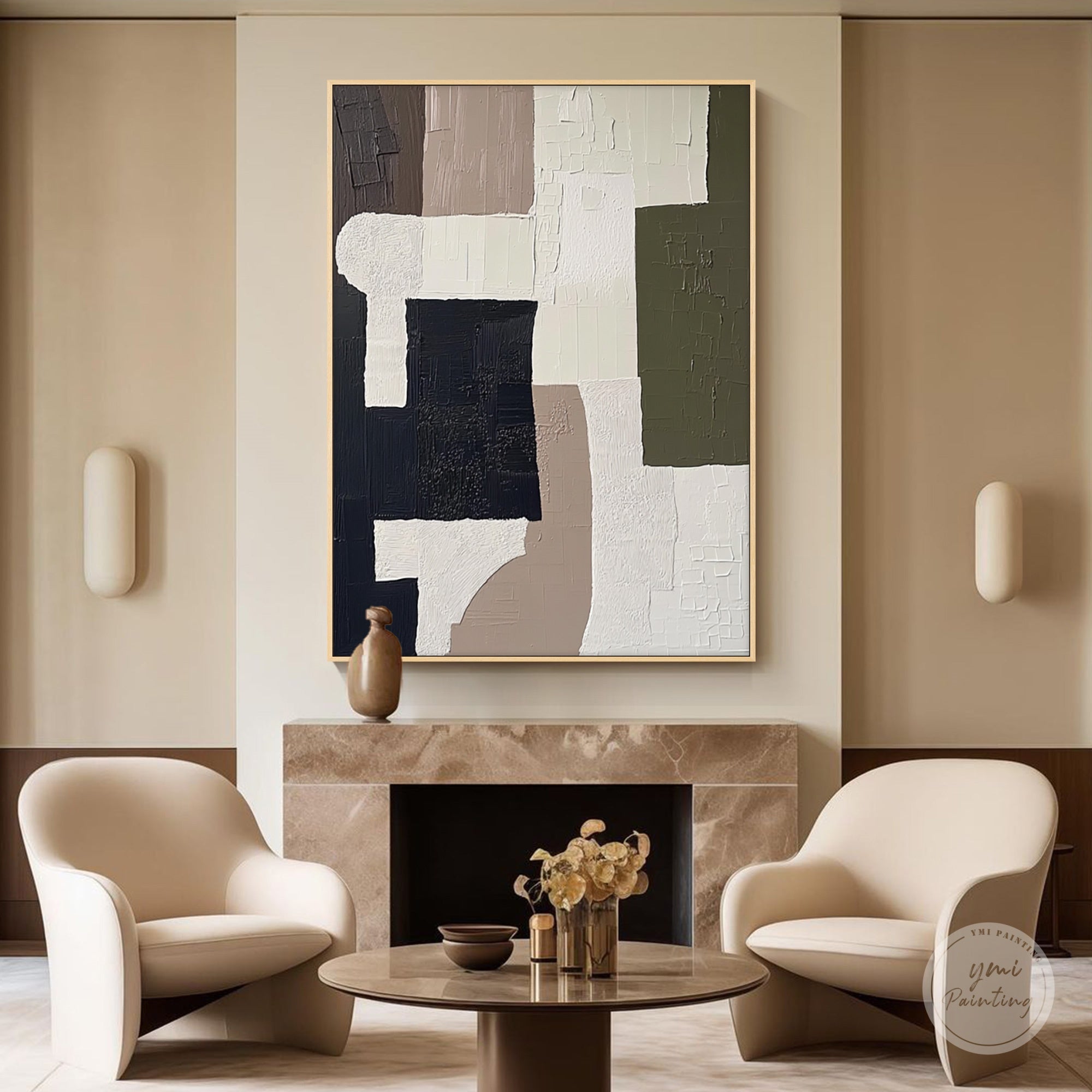 Abstract color block canvas wall art displayed in a modern living room