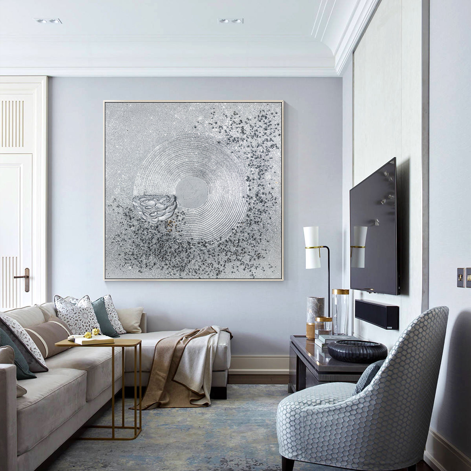 Abstract wall art with layered concentric circles and glitter