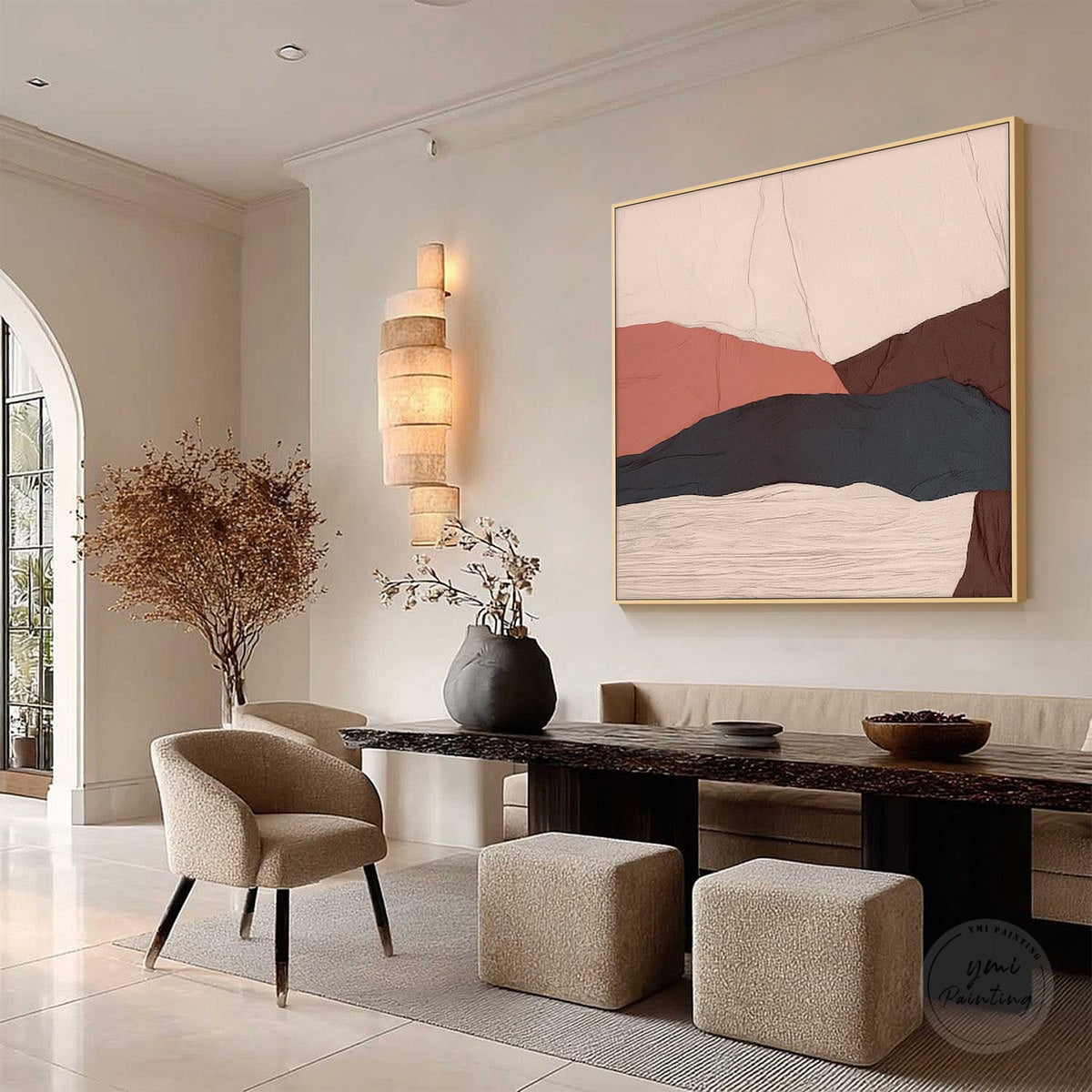 Earth tone wall art with overlapping desert-inspired mountain silhouettes and a soft beige sky.