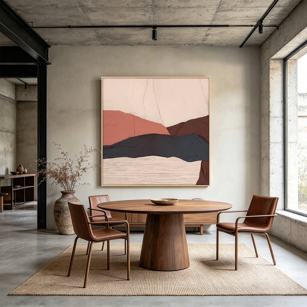 Contemporary abstract mountain artwork with horizontal charcoal and rust-colored landforms.