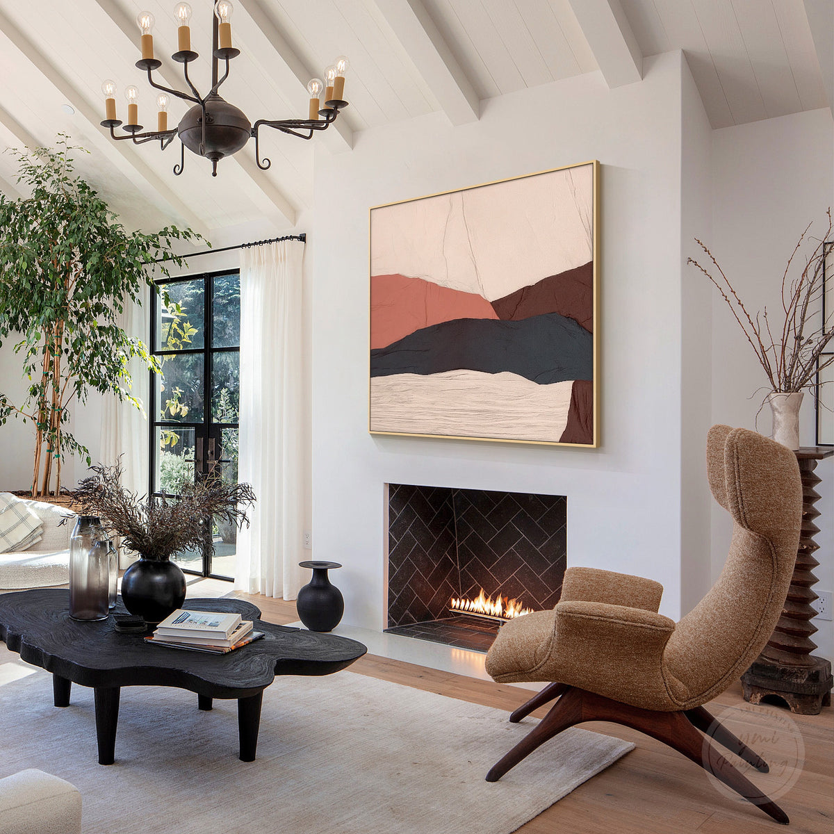 Contemporary abstract mountain artwork with horizontal charcoal and rust-colored landforms.
