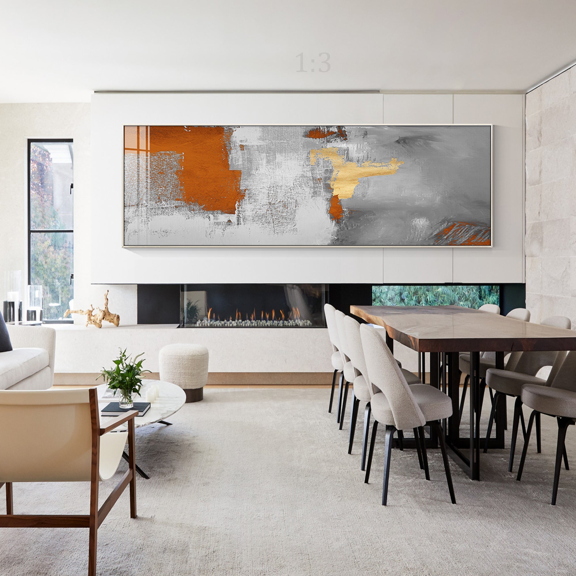 Abstract painting in gray, white, and orange with gold accents on canvas decor your modern living room.