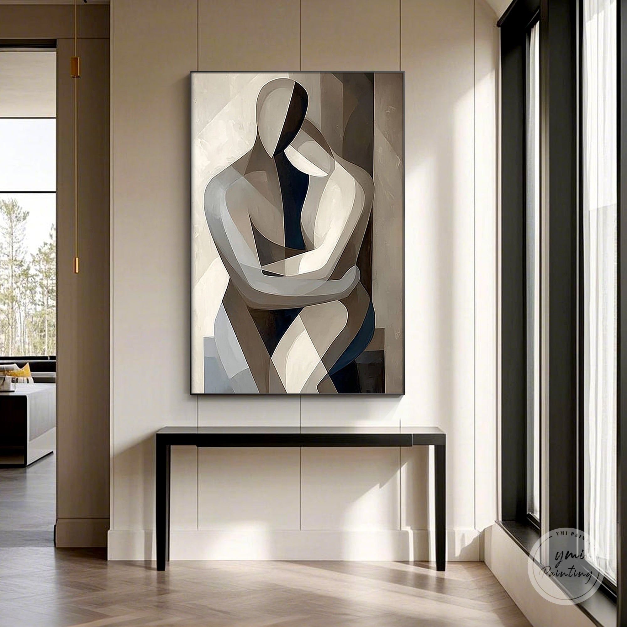 geometrisk målning av mänsklig figur i beige och bruna toner