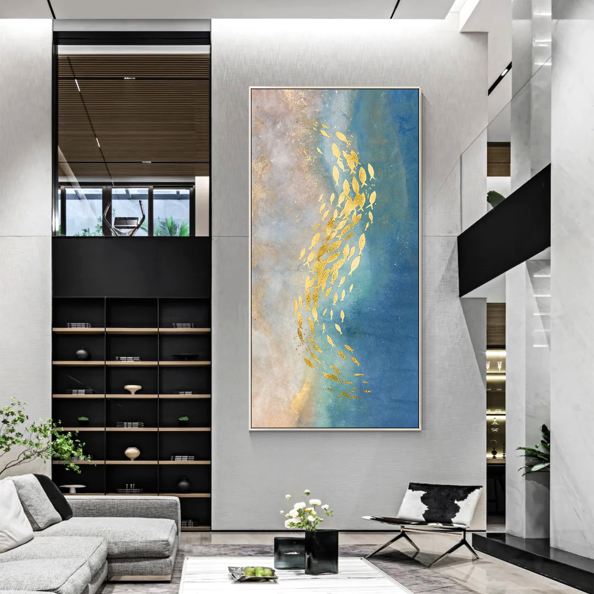 Abstract gold fish painting with orderly fish forms and a split champagne and blue background with fine shimmer.