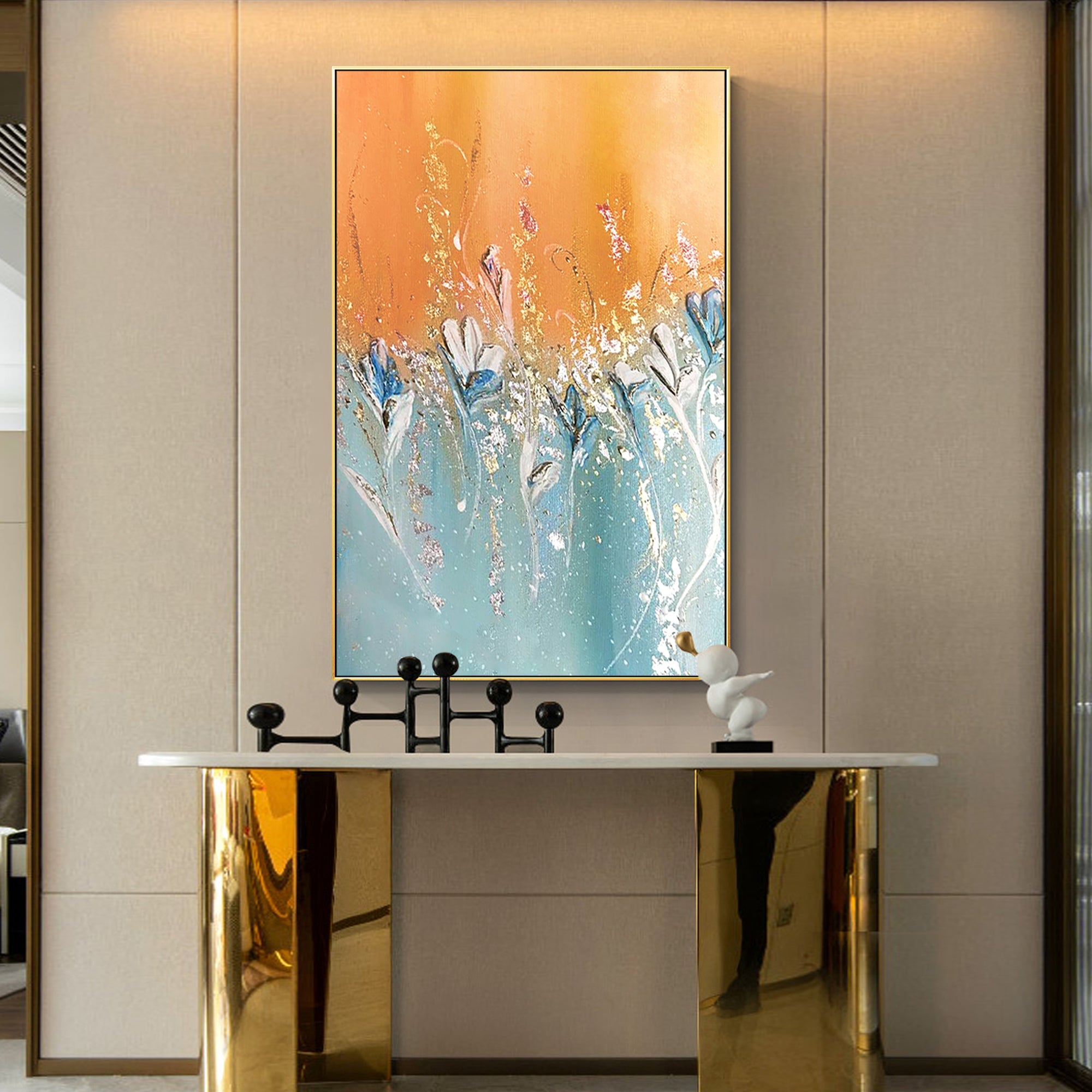 Abstract Floral Painting Blue and Orange