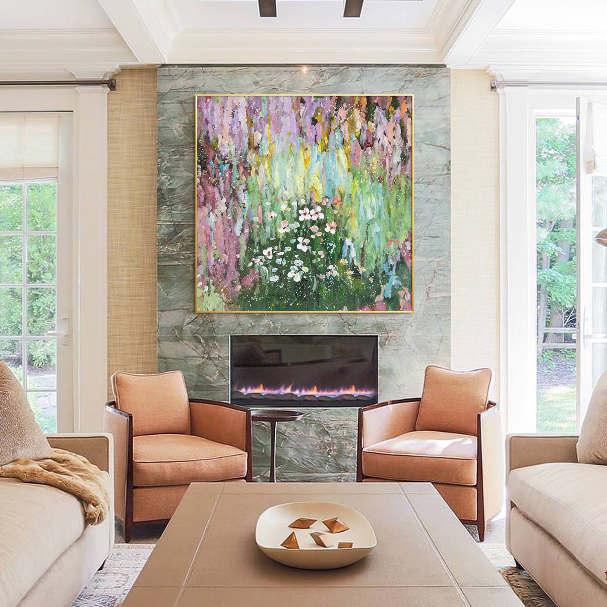 Minimalist square wall art featuring delicate blooms on green background with pink frame.