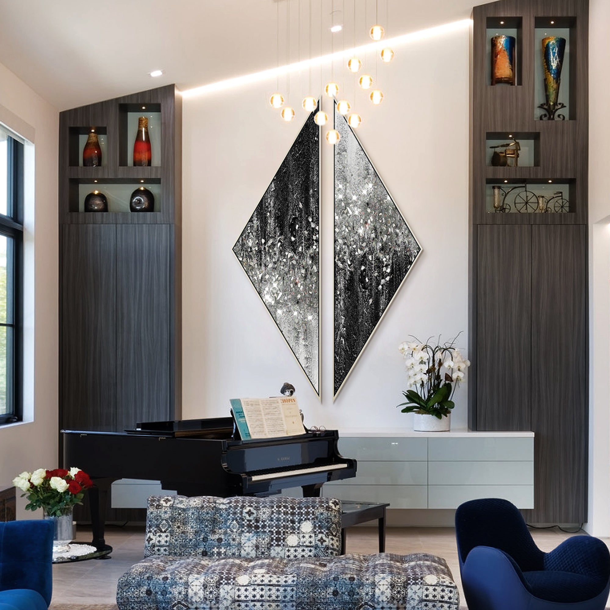 Black and gray abstract wall art with silver glitter layered between dark and light tones