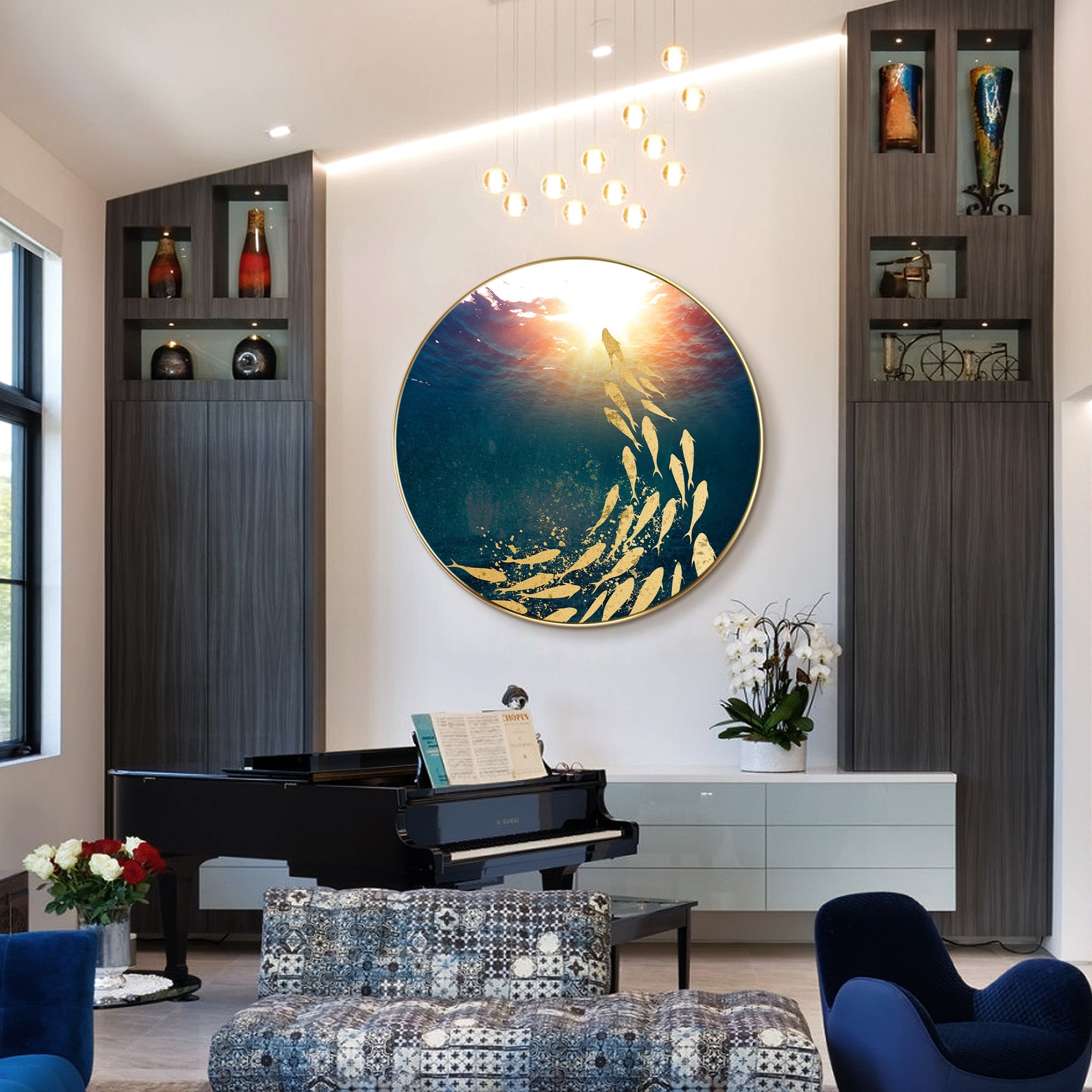 Navy blue and gold fish wall art featured in a refined living room interior