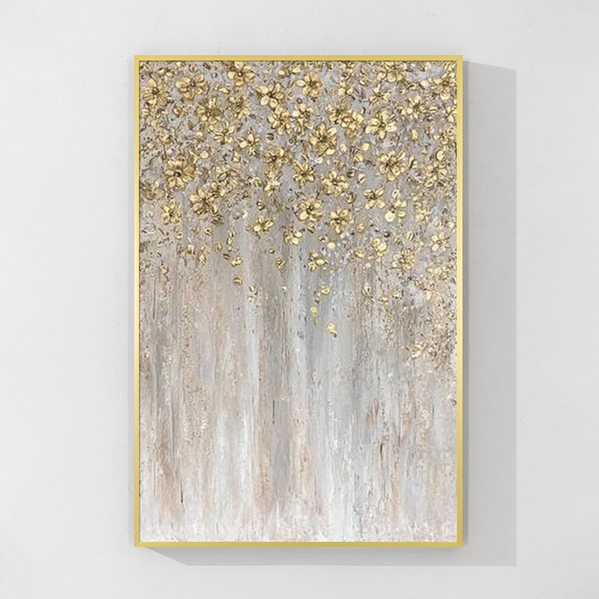 ゴールド　アート　額　ウォールアート 抽象的なゴールドの花柄テクスチャウォールアート、手描きの
