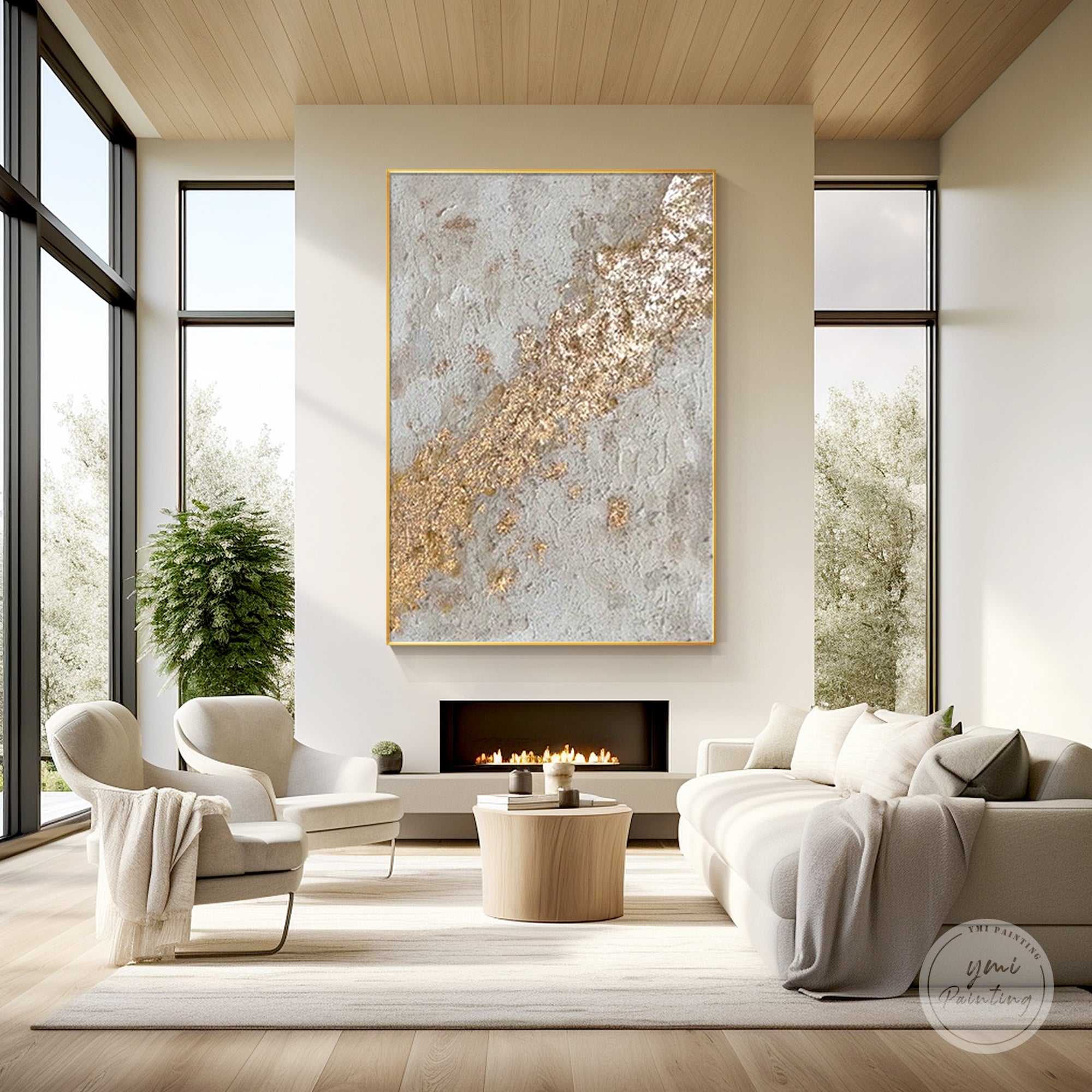 Minimalist gold diagonal accent painting on neutral background