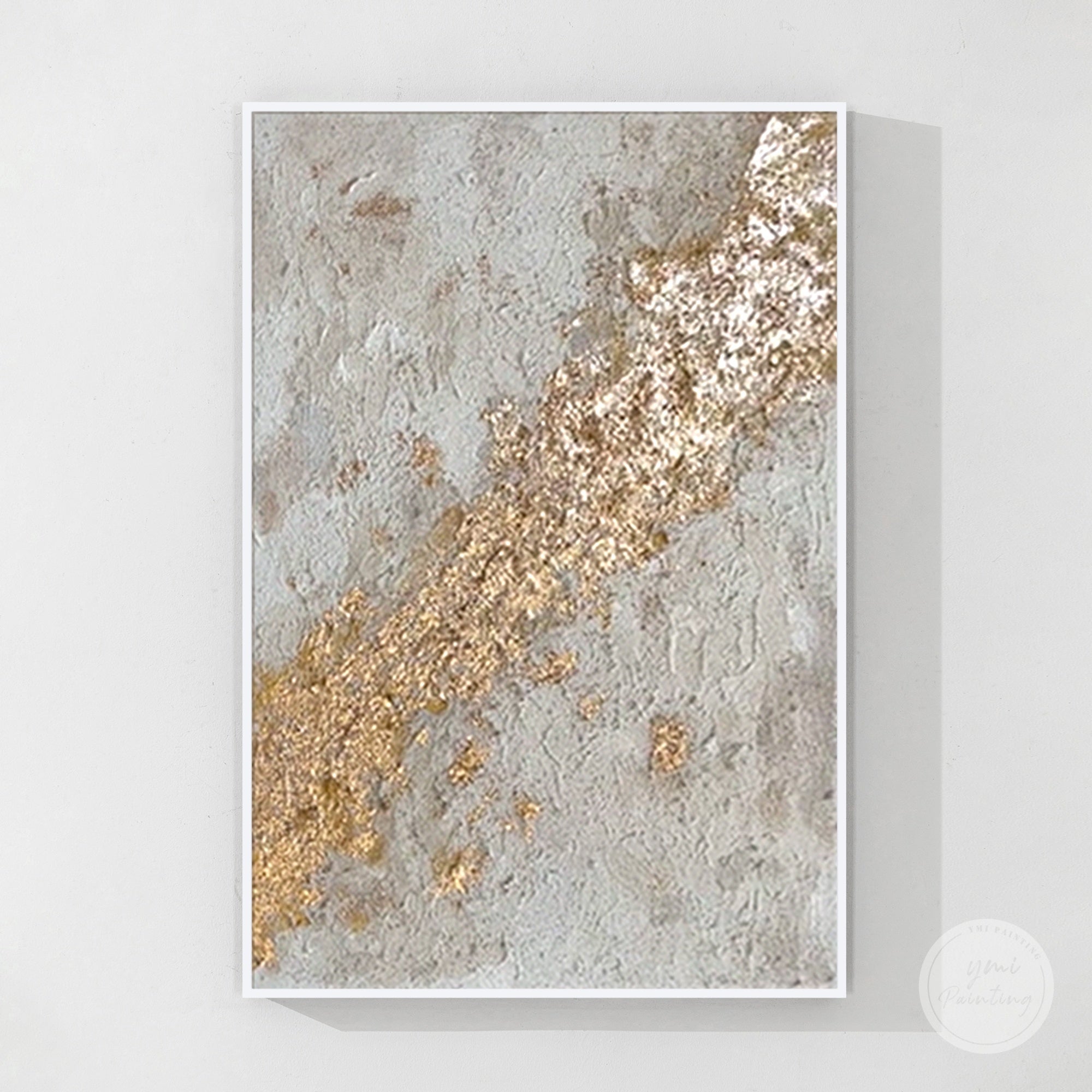 Modern abstract wall art with gold texture on neutral grey background. Minimalist luxury canvas design perfect for contemporary interiors.