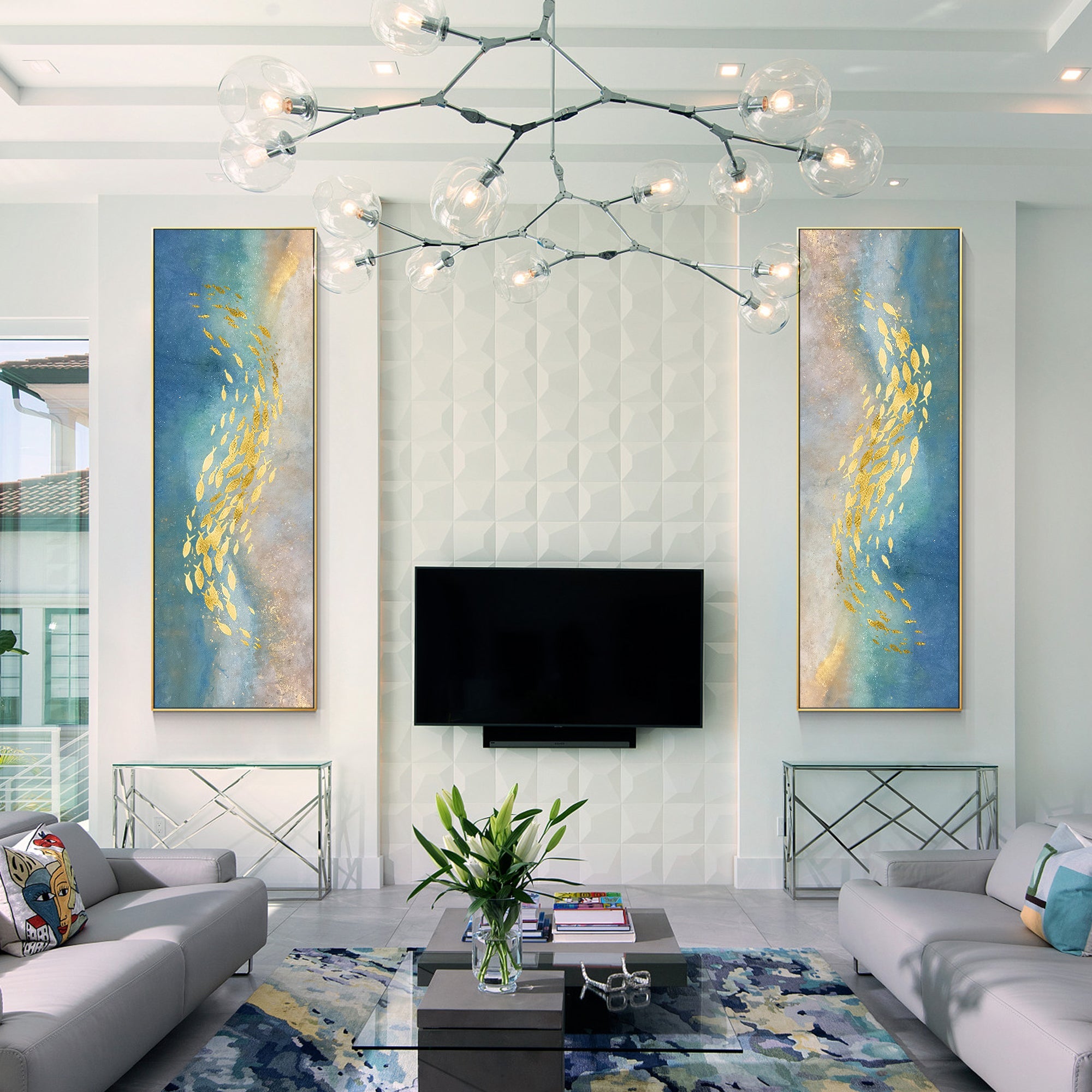 Abstract golden fish artwork in elongated vertical format with refined glitter layers.