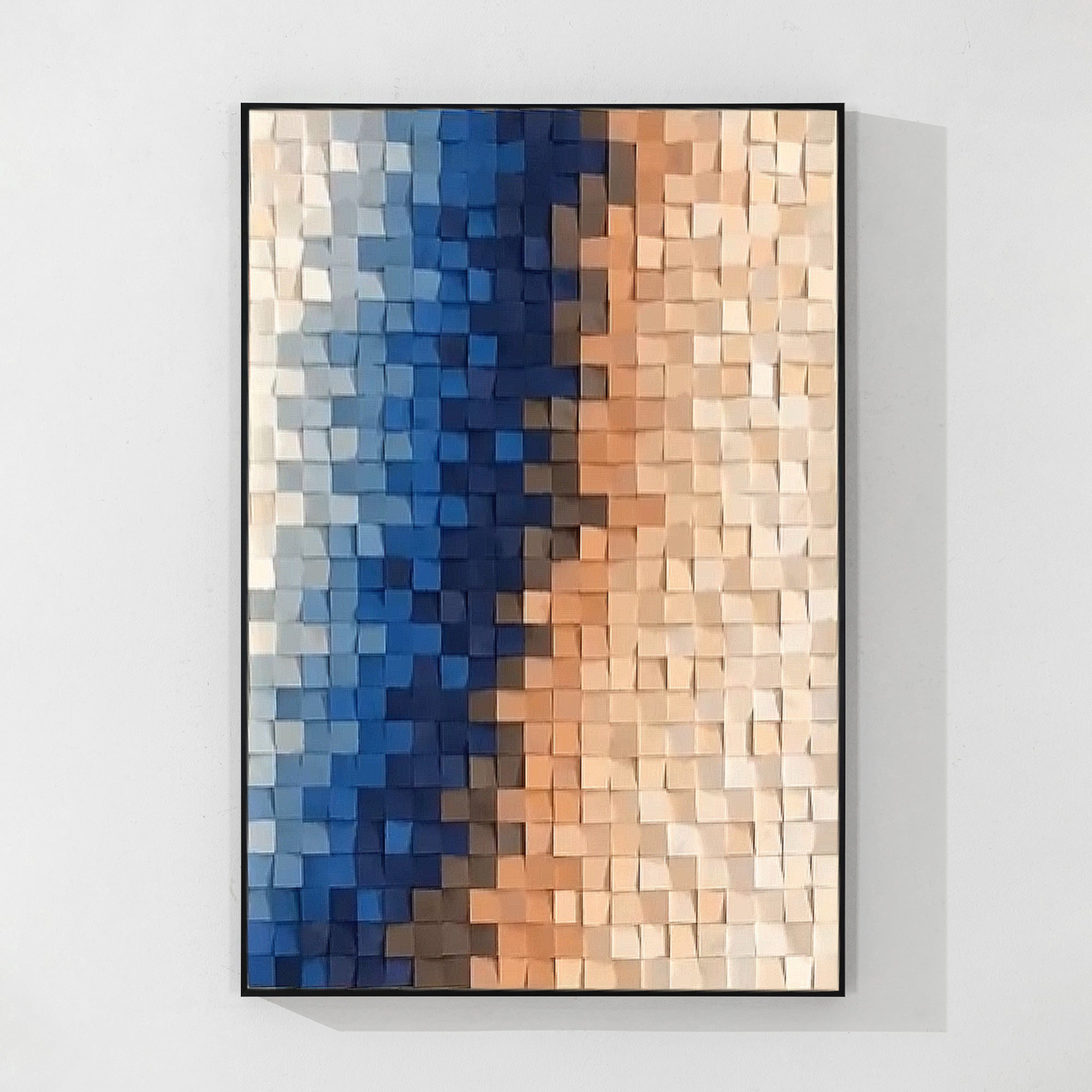 Minimalist design with wooden squares in black frame, varying shades of blue and peach, set against a white background for a subtle gradient effect.