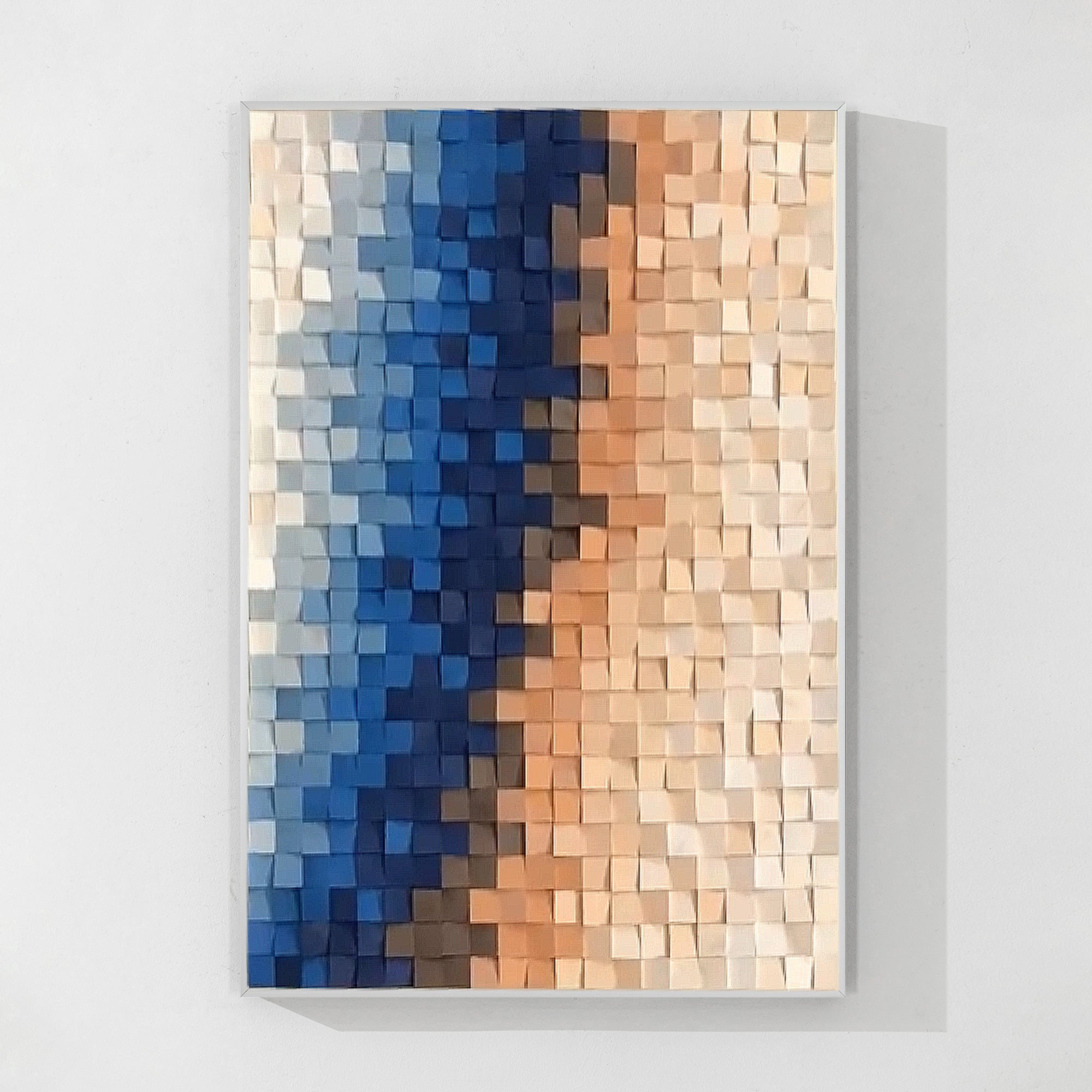 Clean, abstract wooden square design with a gradual color transition between blue and peach, giving the piece depth and texture.